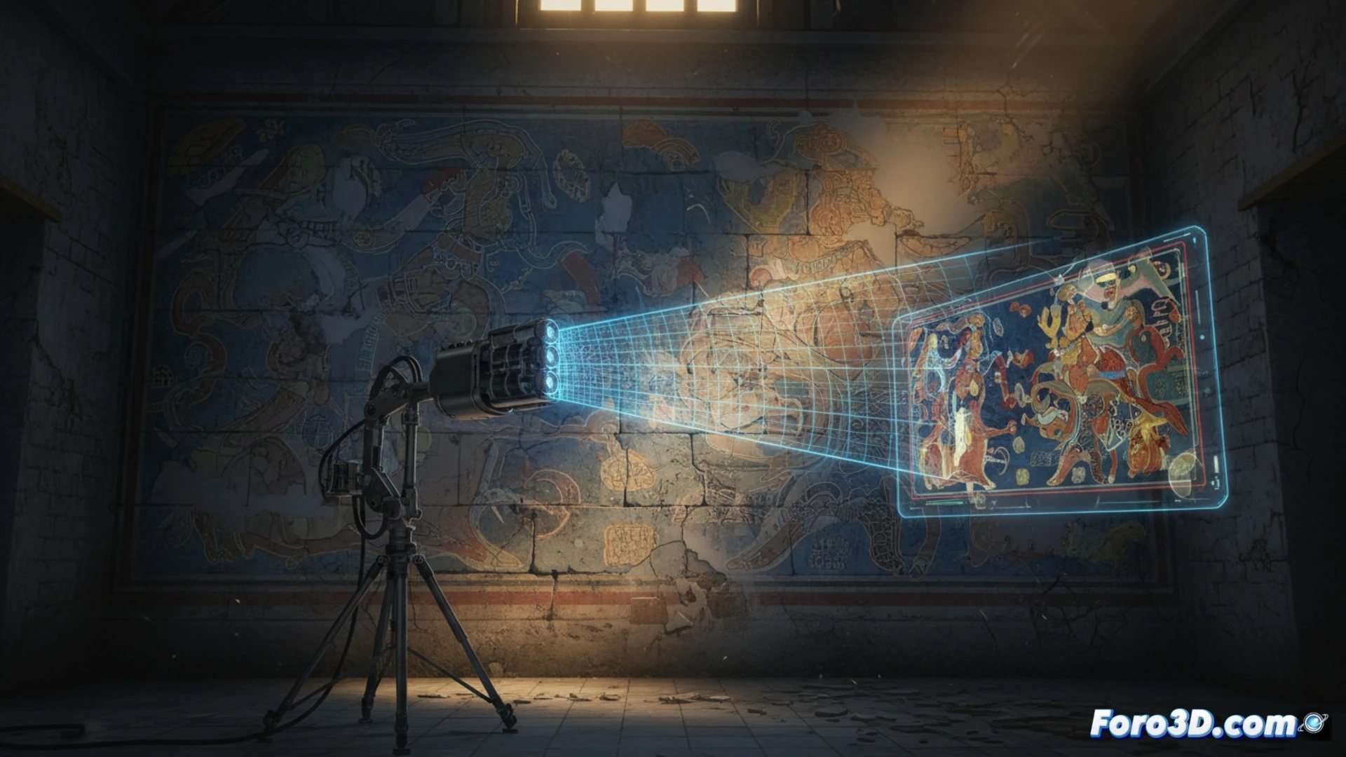 Restauración 3D de mural borrado con escáner de luz estructurada detectando micras de pigmento residual