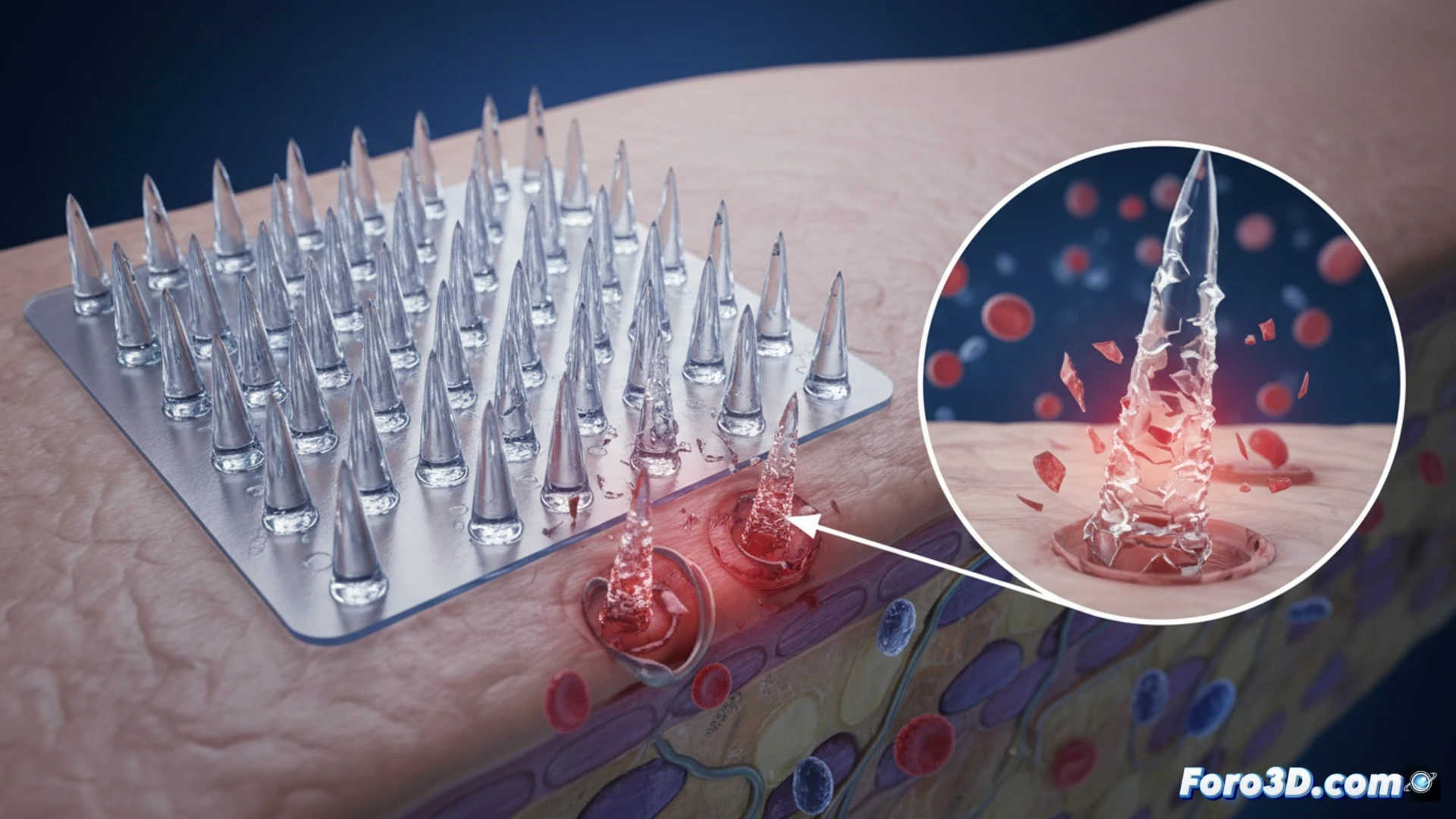 Micrografía 3D de micro-agujas con rebabas visibles en la punta, causantes de desgarro tisular en parches de vacunación