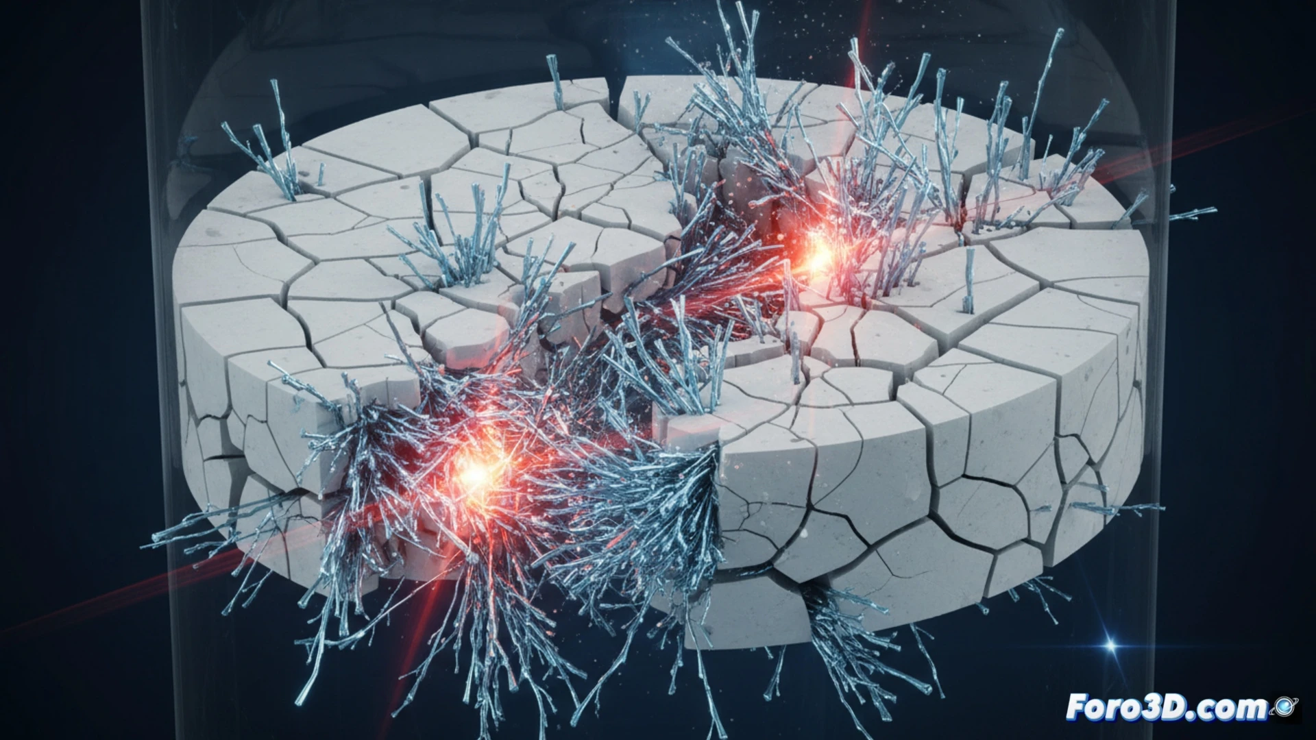 Micrografía 3D de dendritas de litio penetrando electrolito cerámico en batería de estado sólido