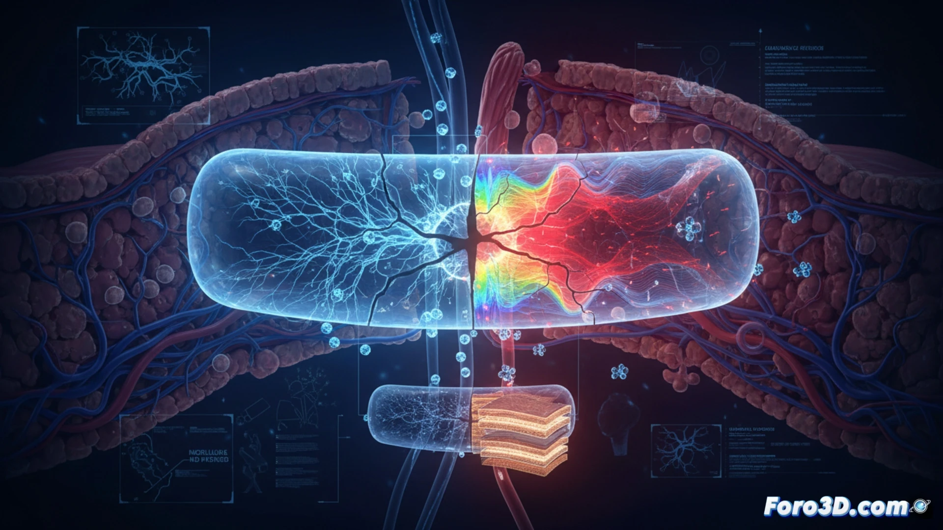 Micrografía 3D de páncreas artificial con análisis de elementos finitos mostrando fallo estructural en microcanales de dosificación