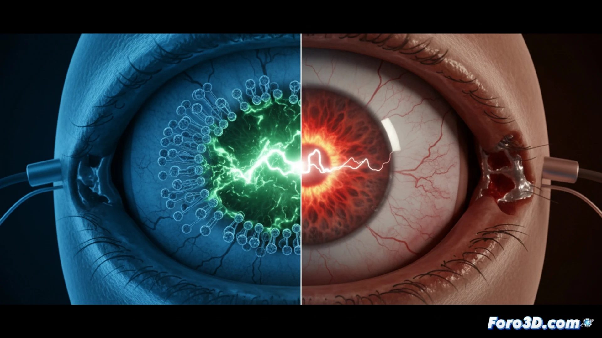 Micro-CT de implante retiniano dañado con matriz de electrodos y rastro de arco eléctrico