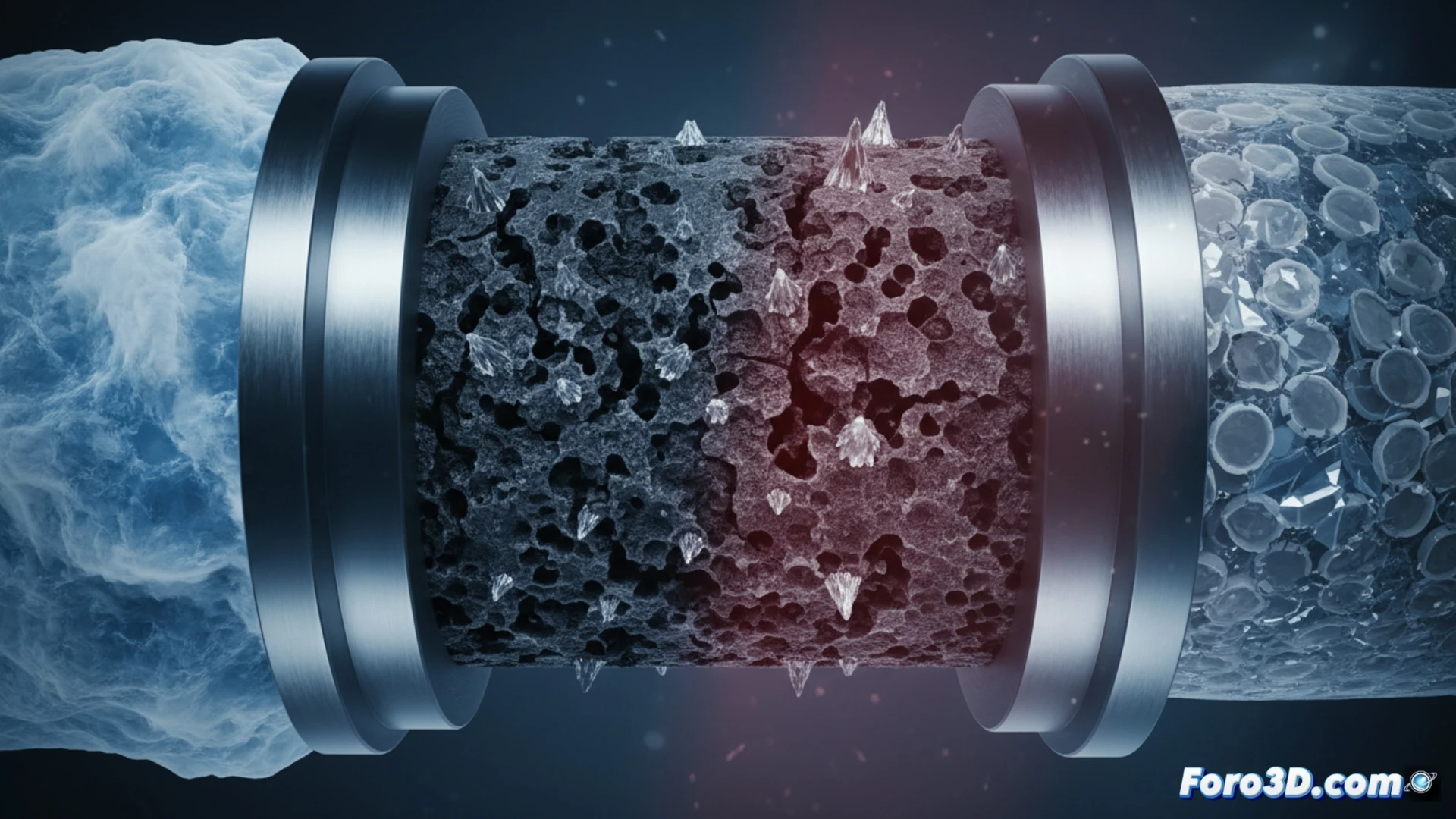 Micrografía 3D de junta de grafito con micro-porosidades visibles en superficie, fallo por fatiga de material.