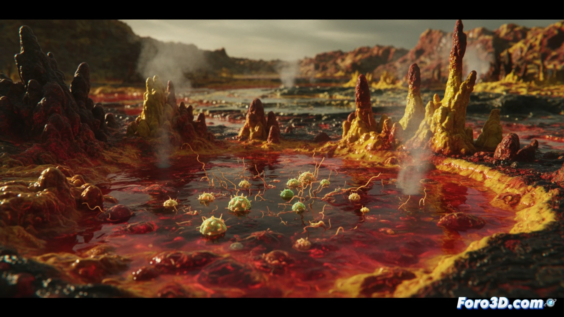 Microscopic archaea cells floating in acidic boiling water at Dallol volcano, iron-rich mineral formations surrounding the hot spring, extreme close-up showing ultratiny organisms compared to a ruler scale bar, glowing thermal vents releasing steam, scientific sampling equipment partially submerged, dramatic volcanic landscape in background, photorealistic microbiology visualization, bright yellow and green acidic pools, intense thermal lighting, hyper-detailed cell structures with translucent membranes, cinematic scientific illustration style