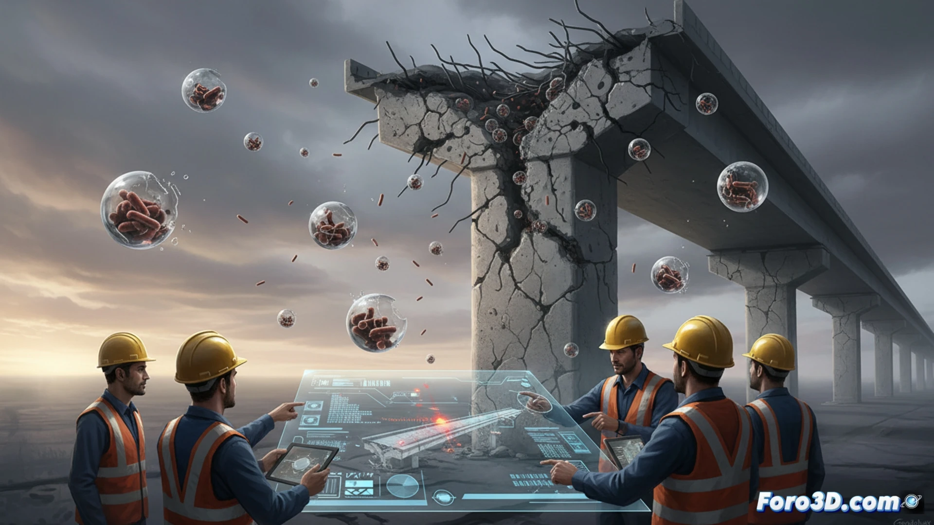 Microcápsulas rotas en hormigón autorreparable, simulación 3D de fatiga de materiales y fallo estructural