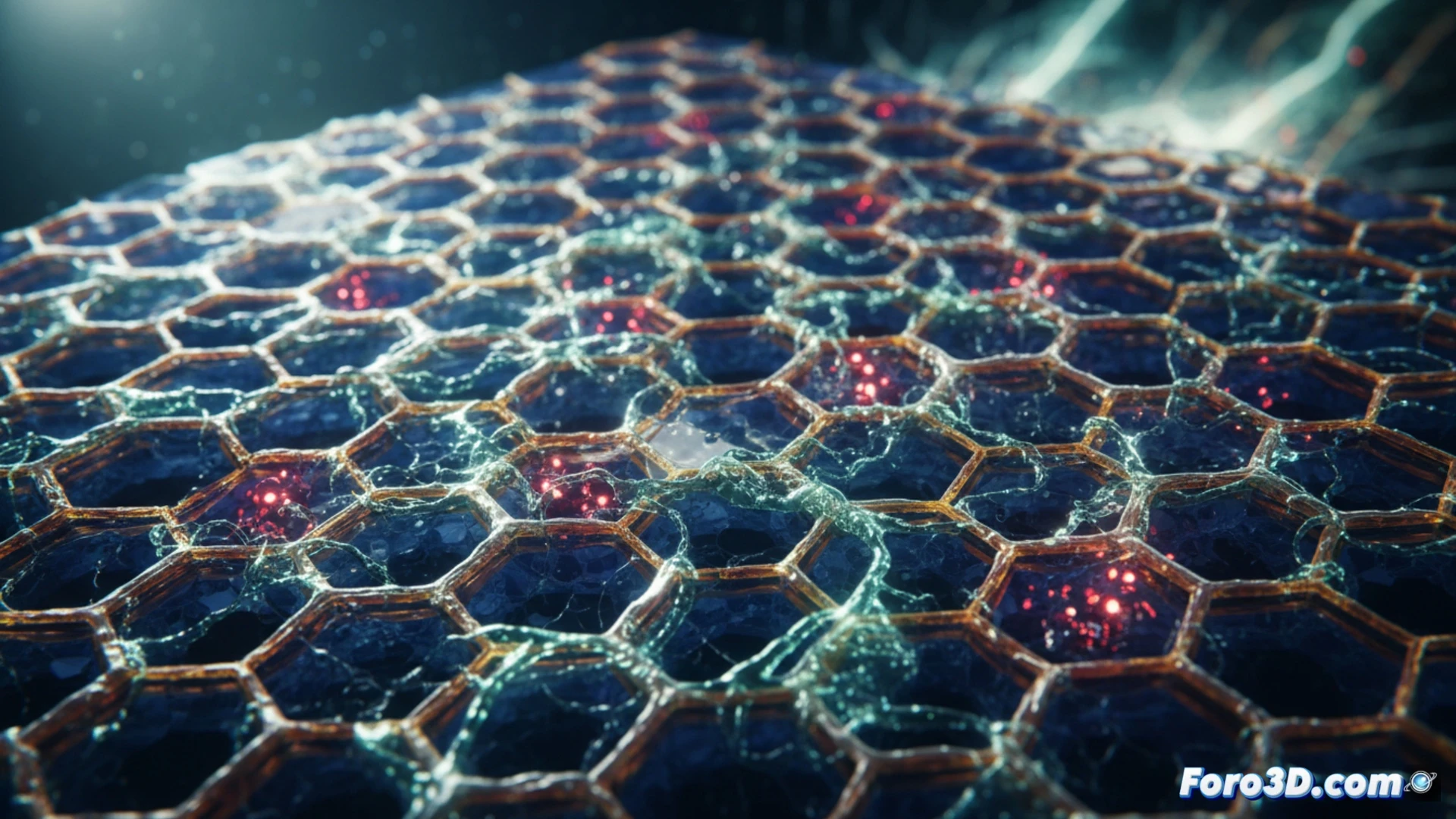 Simulación 3D de fatiga en perovskita mostrando microfisuras y entrada de humedad en la estructura cristalina