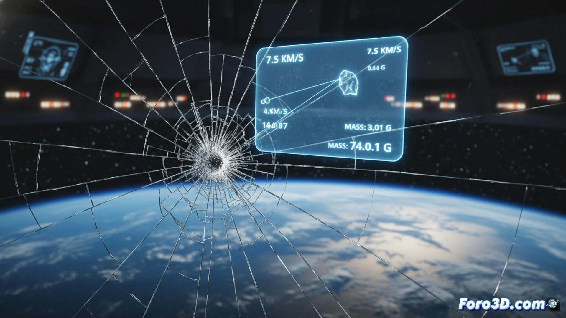 Ventanal de cuarzo agrietado en cápsula orbital con fondo de estrellas y simulación 3D de impacto