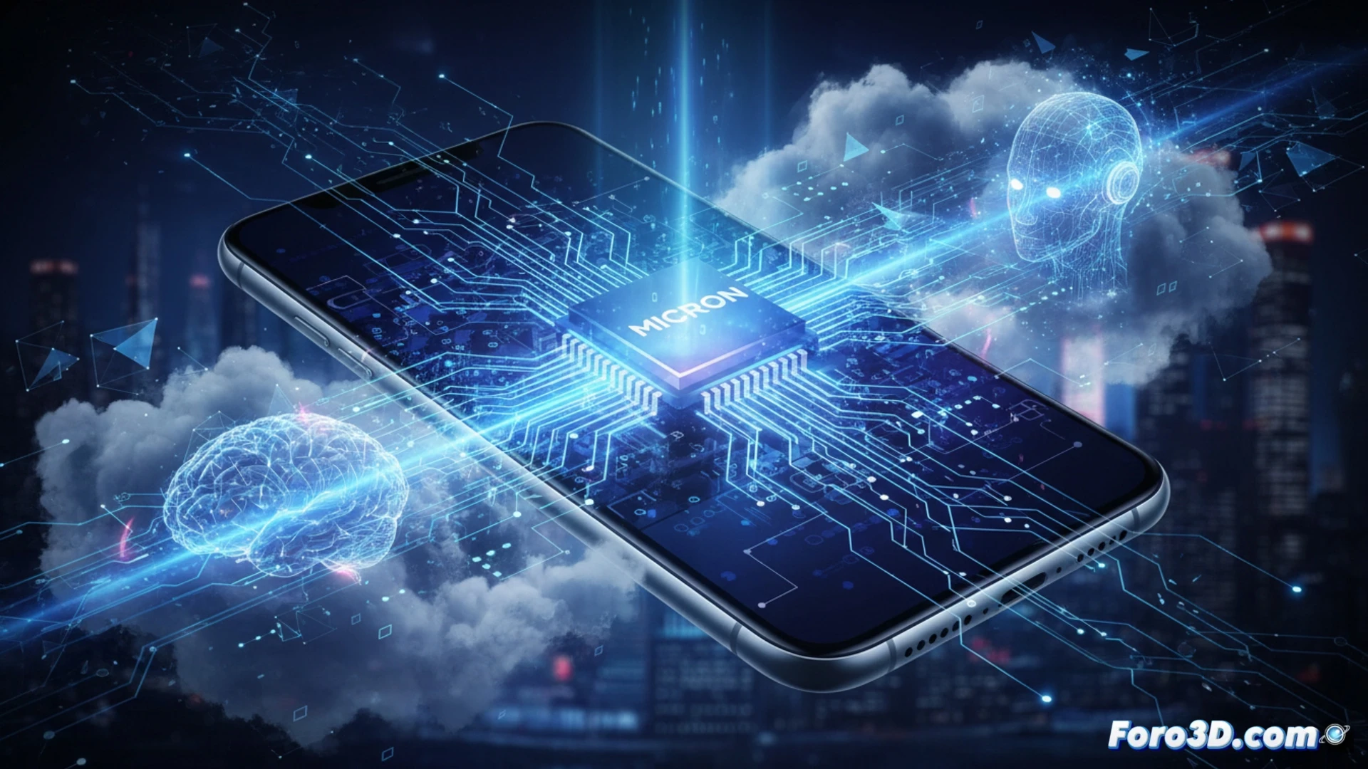 Smartphone motherboard close-up showing a memory chip labeled LPDDR5X glowing with cyan energy pulses, while a neural network model represented as translucent blue data streams flows from the chip into an AI processing core. A robotic arm with a micro-soldering tool positions a second chip nearby. Cinematic engineering visualization, photorealistic technical render, metallic circuit traces with gold highlights, microscopic capacitors and resistors visible, dynamic light reflections on silicon surface, action of data processing demonstrated through glowing particle trails, dark background with dramatic blue and orange lighting, ultra-detailed hardware components.
