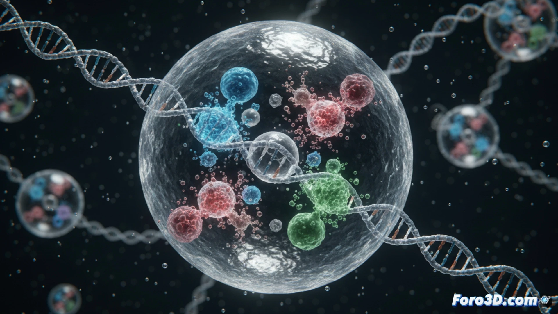 microfluidic vesicle reactor with two DNA gate structures embedded in lipid bilayer membrane, fluorescent green and red reagents being sequentially released from nanoscale compartments inside the transparent vesicle, one DNA gate opening while second gate remains closed, glowing molecular strands interacting at the gate interface, blue laser excitation beam focused through a microscope objective lens, pipette tip injecting precursor molecules nearby, photorealistic technical illustration, bioluminescent color palette, hyper-detailed molecular surface textures, soft volumetric lighting inside the chamber, cinematic depth of field, scientific visualization style