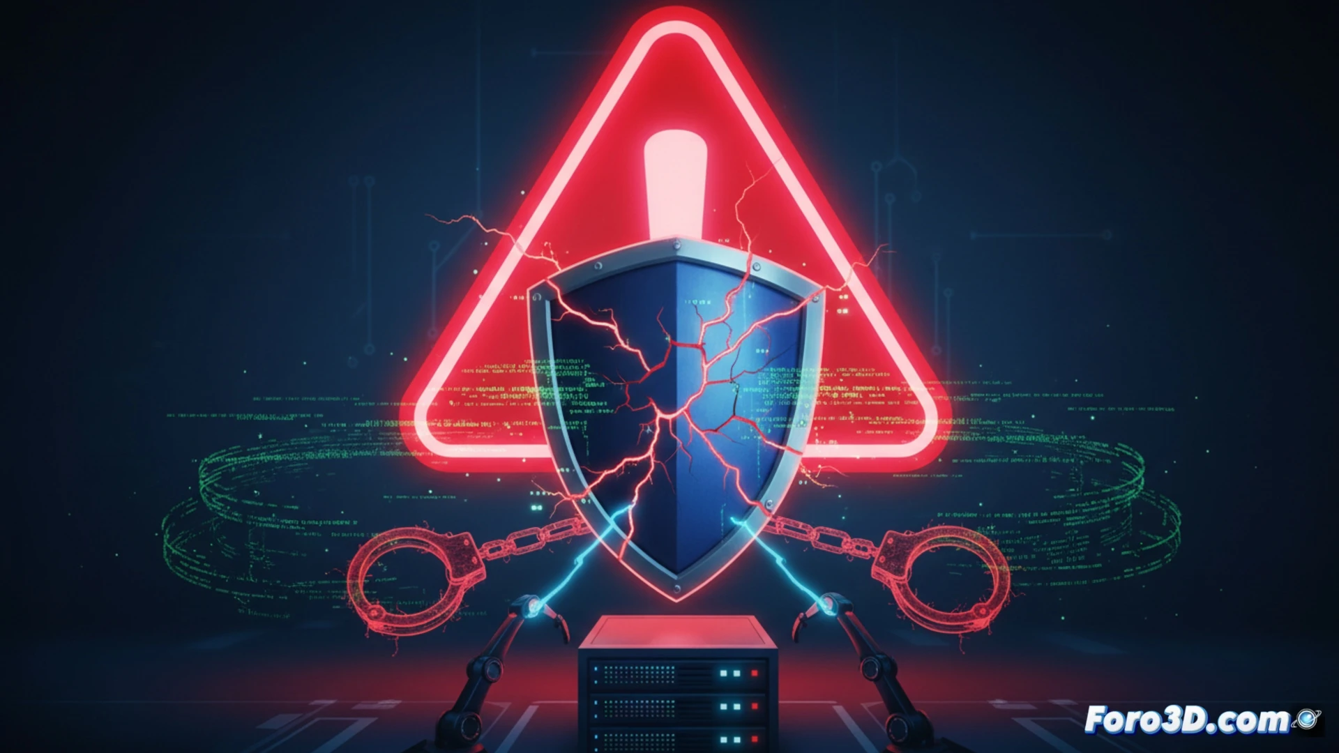 Microsoft Defender security dashboard interface showing two active exploit pathways, red alert indicators pulsing on threat map, code injection visualization with malicious scripts breaching system defenses, privilege escalation chain demonstrated via ascending red arrows piercing shield layers, photorealistic cybersecurity visualization, dark blue background with neon cyan data streams, glowing attack vectors highlighted in crimson, broken firewall segments floating in digital space, ultra-detailed UI elements with warning icons, dramatic cyberpunk lighting, technical illustration style