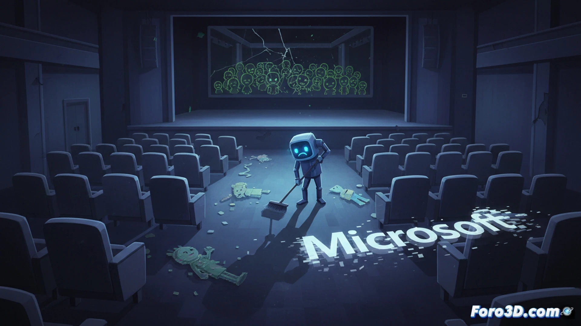 Empty virtual meeting room with office chairs arranged in semicircle facing a blank wall where Together Mode theater backdrop fades into transparent grid lines, Microsoft Teams interface floating in midair showing greyed-out Together Mode icon being dragged toward a recycling bin icon, video quality bars and network stability meters glowing green in contrast, scattered confetti pieces frozen mid-fall on floor, cinematic photorealistic technical illustration, cold fluorescent office lighting, abandoned workplace atmosphere, ultra-detailed UI elements with subtle glassmorphism, realistic shadow cast by virtual elements onto physical chairs