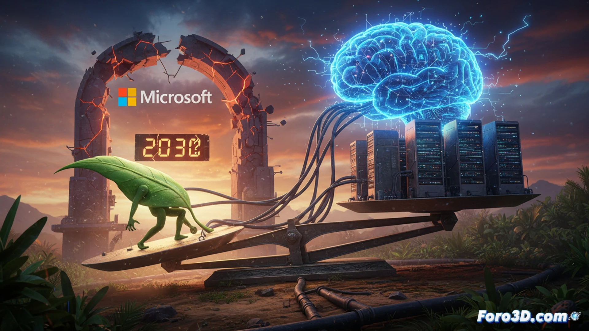 Un centro de datos de Microsoft con servidores iluminados, rodeado de turbinas eólicas parcialmente sombreadas por nubes de humo, simbolizando el conflicto entre IA y energía renovable.