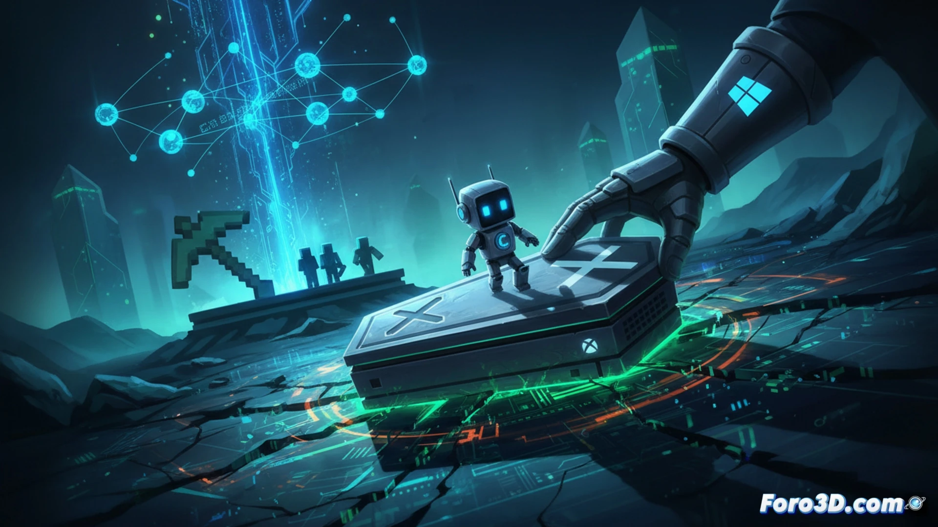 Una lápida digital con el logo de Xbox y el texto Copilot 2025, rodeada de mandos rotos y un cartel de Minecraft en segundo plano.
