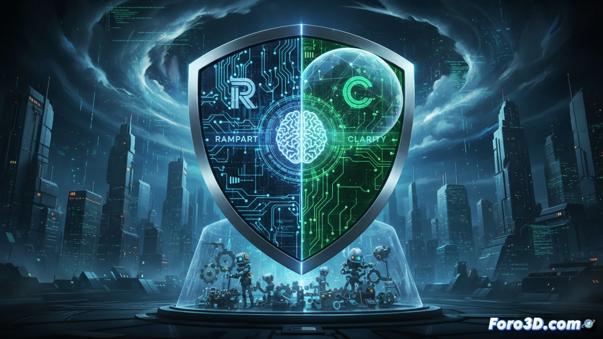 isometric view of two glowing shield icons protecting a neural network core, RAMPART marked by layered hexagonal armor plates, Clarity shown as transparent scanning beams, code fragments floating around the shields, process of threat detection demonstrated by red laser lines being deflected, multiple AI agent nodes connected in background, technical illustration style, blue and orange color palette, clean vector aesthetics, cinematic volumetric lighting, holographic interface elements, ultra-detailed circuit board textures, photorealistic engineering visualization