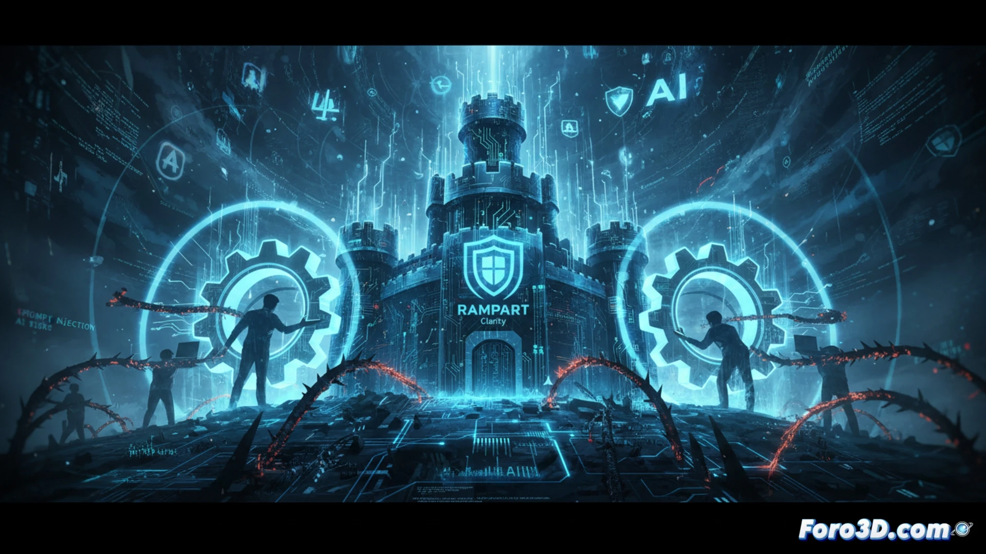 A developer workstation showing two open-source security tool interfaces, RAMPART firewall shield icon glowing above a code editor while Clarity scanning lines flow across a neural network diagram, a robotic arm inserting a security chip directly into a glowing AI chipset during assembly, cinematic technical illustration, blue and orange industrial lighting, motherboard traces glowing with protective signals, photorealistic engineering visualization, macro lens focus on chip insertion point, dramatic shadows, ultra-detailed circuit textures