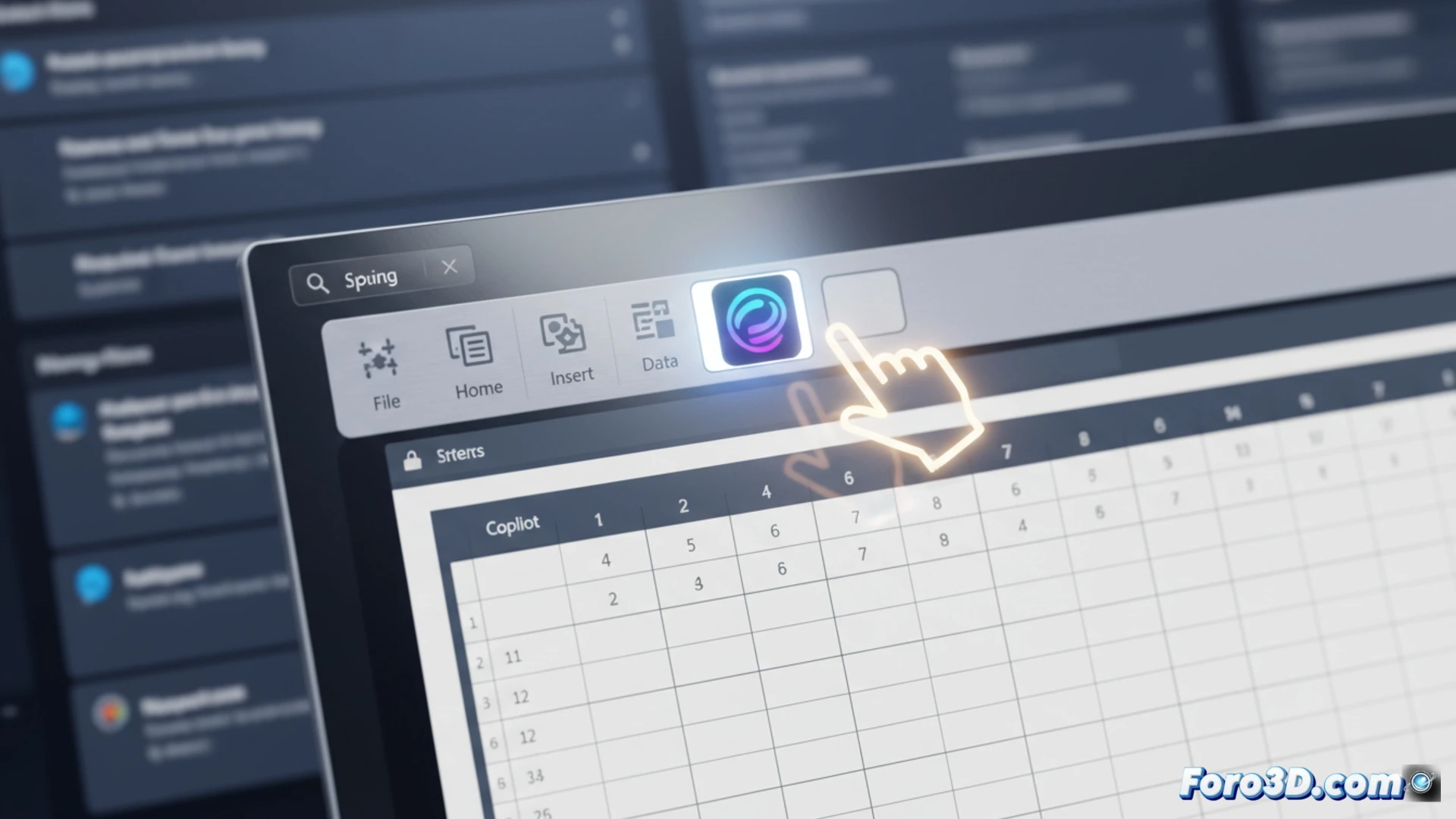 Modern office desk scene showing a floating Copilot button being dragged away from an Excel spreadsheet, button leaving a trail of motion lines while moving toward the ribbon toolbar at the top, clean minimalist interface with spreadsheet cells visible, frustrated user hand gesture swiping the button aside, technical illustration style, soft blue Windows interface lighting, crisp UI elements, subtle grid lines on spreadsheet, no text or numbers visible, photorealistic digital workspace render, action showing the button relocation process, smooth UI animation effect