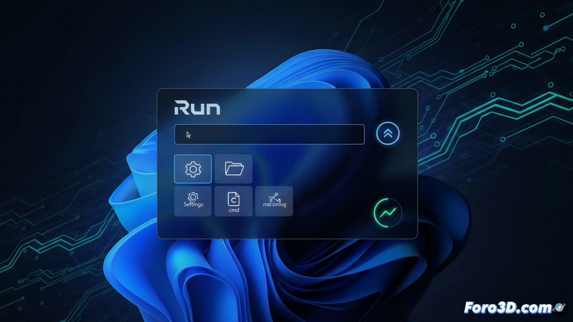 Una vista nocturna del cuadro de diálogo Ejecutar en Windows 11, con fondo oscuro y bordes suaves, mostrando el cursor parpadeante y un icono minimalista, listo para escribir comandos.