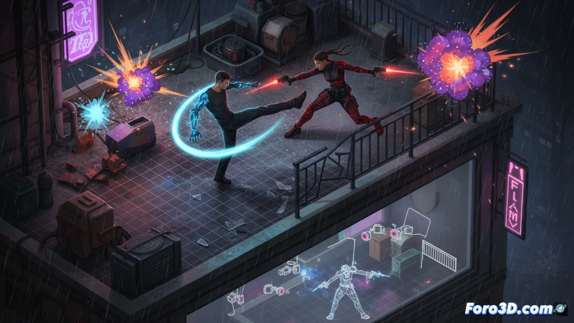 Captura de Midnight Fight Express con combate isométrico violento y luces dinámicas en escena nocturna urbana