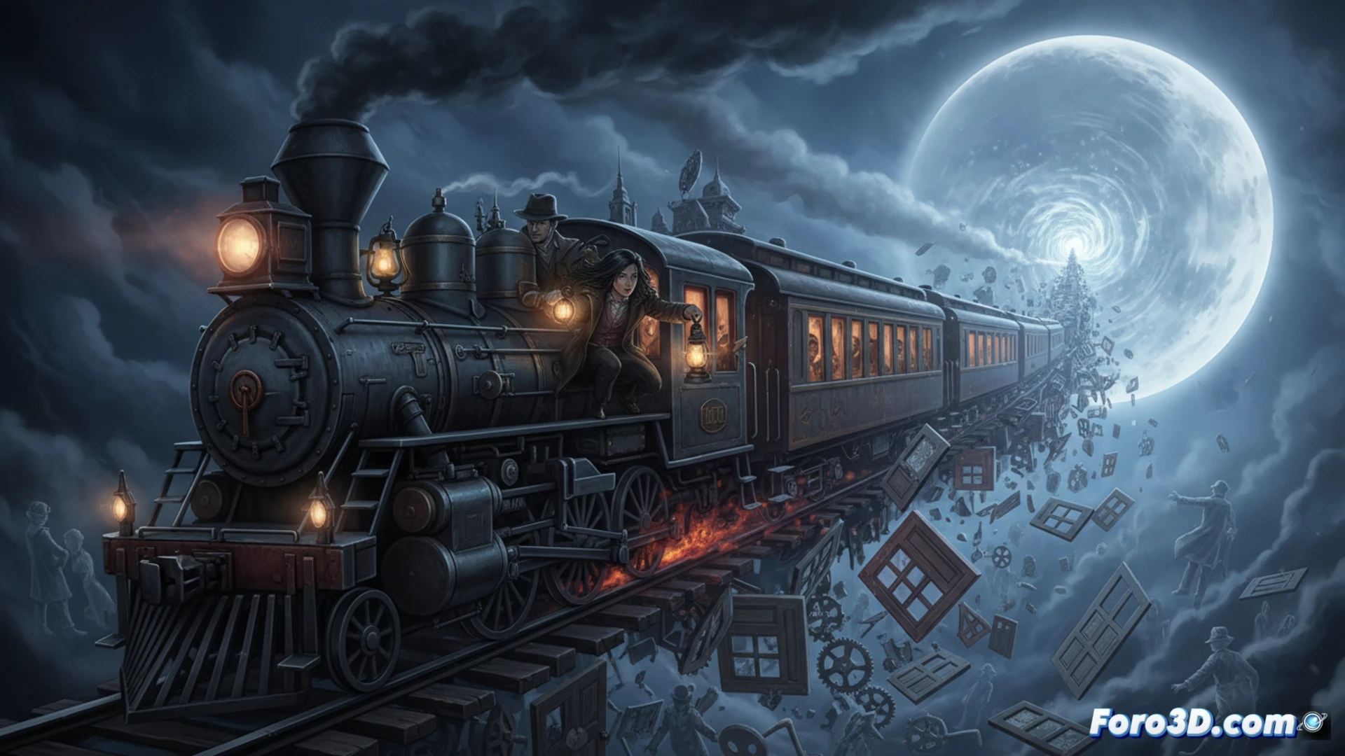 Ilustración detallada de Luna Wyndell y Neil Lawton en un tren oscuro, con asientos vacíos y ventanas que muestran un vacío misterioso. Luna mira atrás, asustada, mientras Neil sostiene una linterna, iluminando fragmentos de papel y acertijos en el suelo. El cartel del edificio extraño se ve al fondo, con luces tenues y sombras alargadas, evocando terror ferroviario.