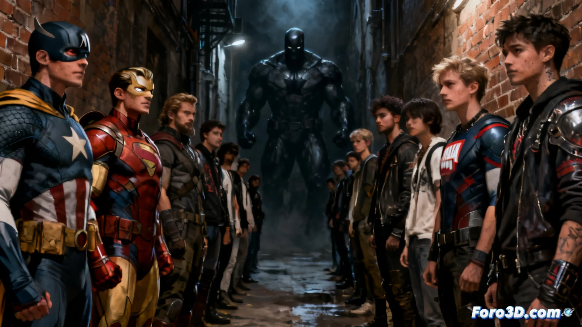 Una viñeta de Marvel oscura: Spider-Man con capa rota bajo luna llena, sombras alargadas y fans debatiendo en dos bandos.