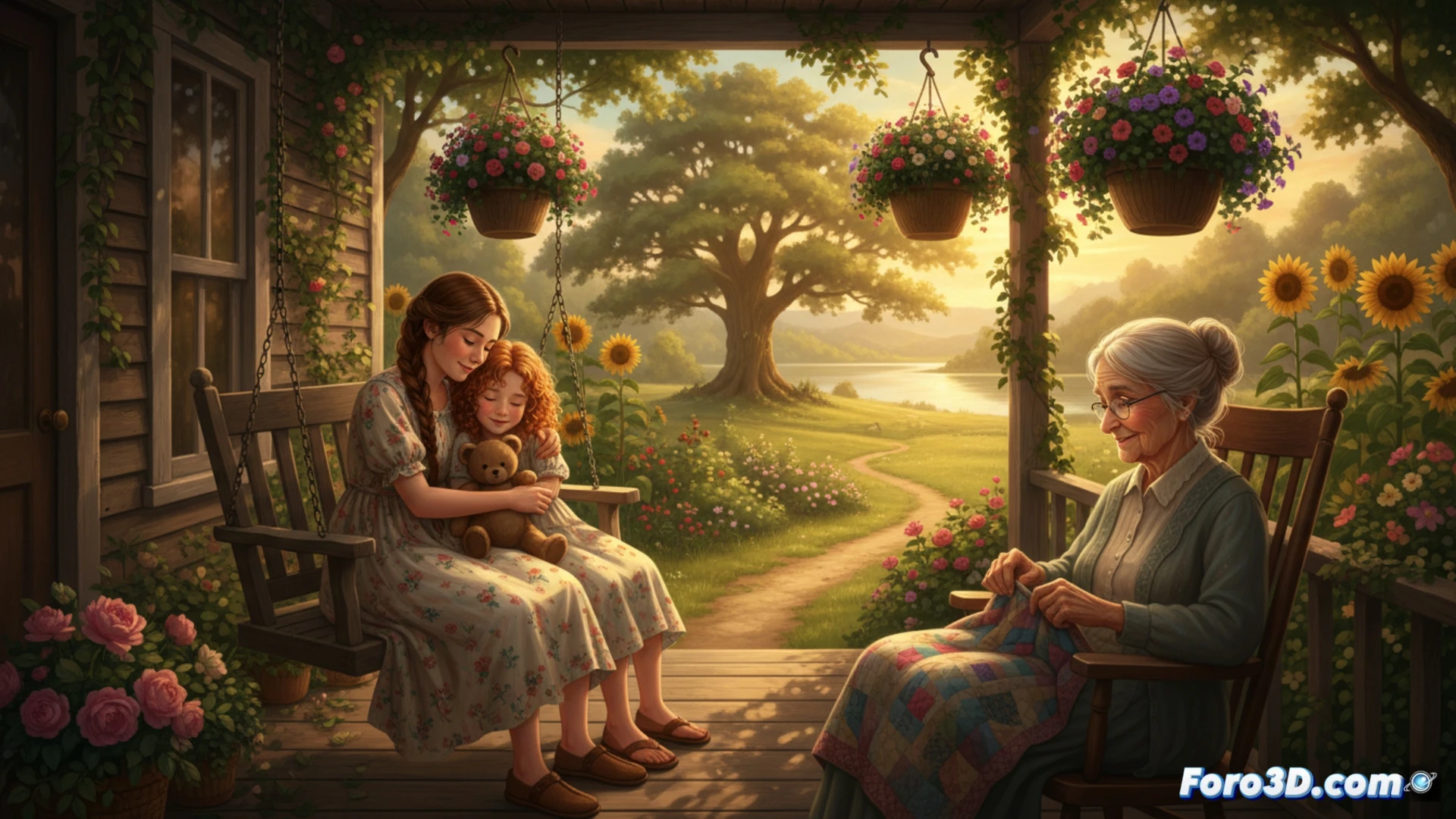 two teenage girls sitting on a wooden porch in a North Carolina summer forest, one sketching in a digital tablet with a stylus, the other holding a smartphone showing a family photo, fireflies glowing around them at dusk, their grandmother visible through a window inside the house, warm golden sunlight filtering through oak leaves, cinematic photorealistic style, showing emotional safety during family transition, detailed wooden porch texture, glowing firefly particles, soft evening lighting, realistic skin tones and clothing folds, technical illustration of natural light scattering and insect bioluminescence