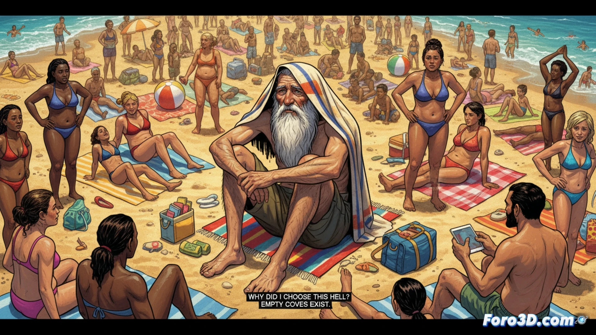 Ancient figure crouching on crowded beach sand, desperately positioning a thin beach towel overhead as makeshift shade while no shadow forms, sun blazing directly overhead, hordes of tourists packed around with umbrellas and coolers, figure wearing outdated linen tunic and leather sandals, confused expression scanning the horizon, distant empty coves visible on coastline, heat haze distorting background, cinematic photorealistic style, harsh midday sunlight casting sharp shadows, ultra-detailed skin texture and sand grains, chaotic beach environment with colorful towels and bags, wide-angle lens perspective emphasizing claustrophobic density, dramatic contrast between crowded foreground and deserted distant beaches, technical illustration of human thermal stress and poor decision-making in extreme heat