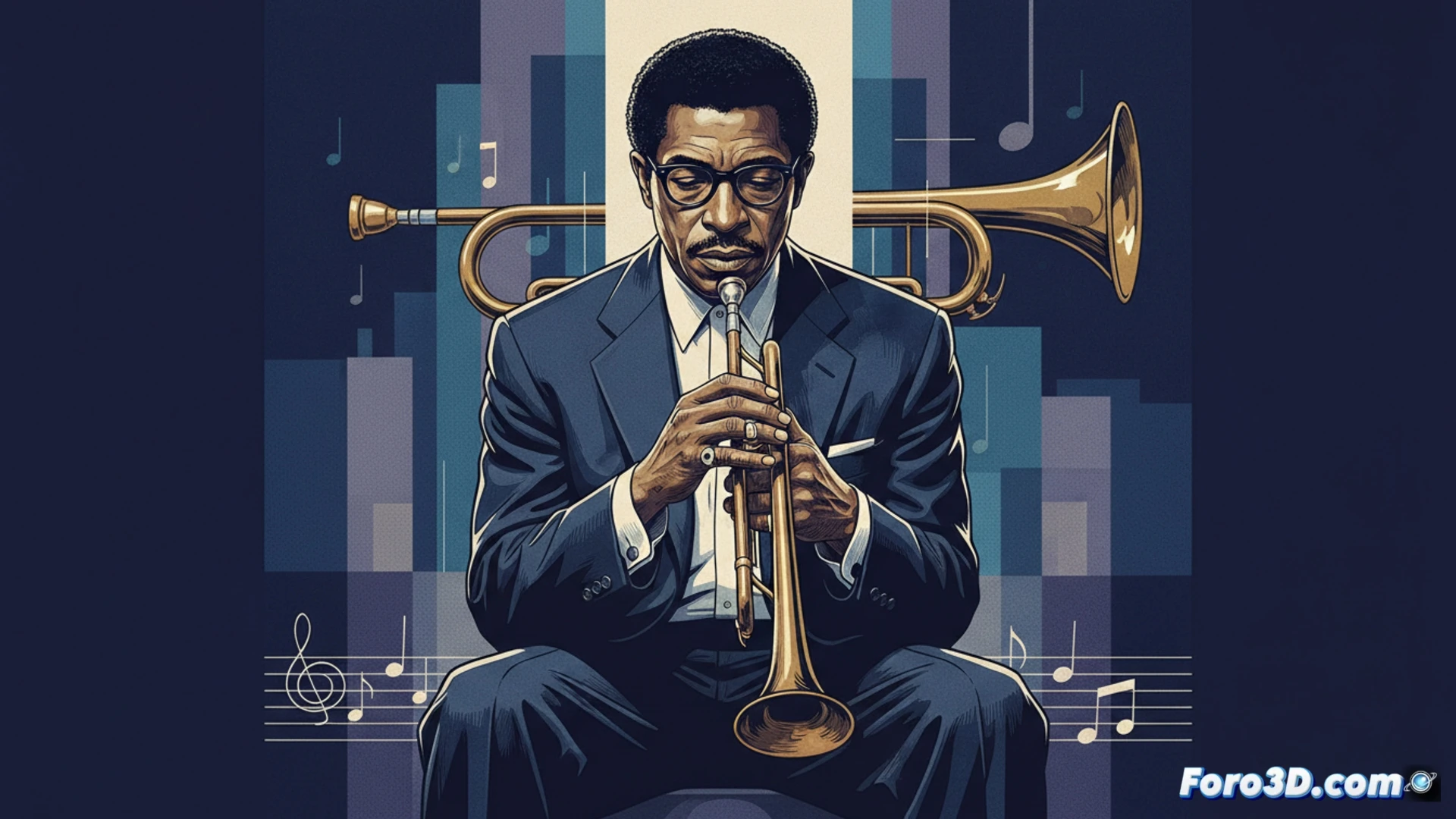 Miles Davis en un estudio de grabación vintage, trompeta dorada cerca de sus labios mientras toca una nota sostenida, partitura minimalista en el atril con solo tres notas dibujadas, ingeniero de sonido ajustando perillas en una consola analógica de válvulas, cintas de bobina abierta girando lentamente, humo de cigarro elevándose en haces de luz azul, sombras dramáticas cruzando el micrófono vintage, estilo cinematográfico en blanco y negro con alto contraste, textura granulada de película de los años 50, iluminación de claroscuro, fotorealismo técnico