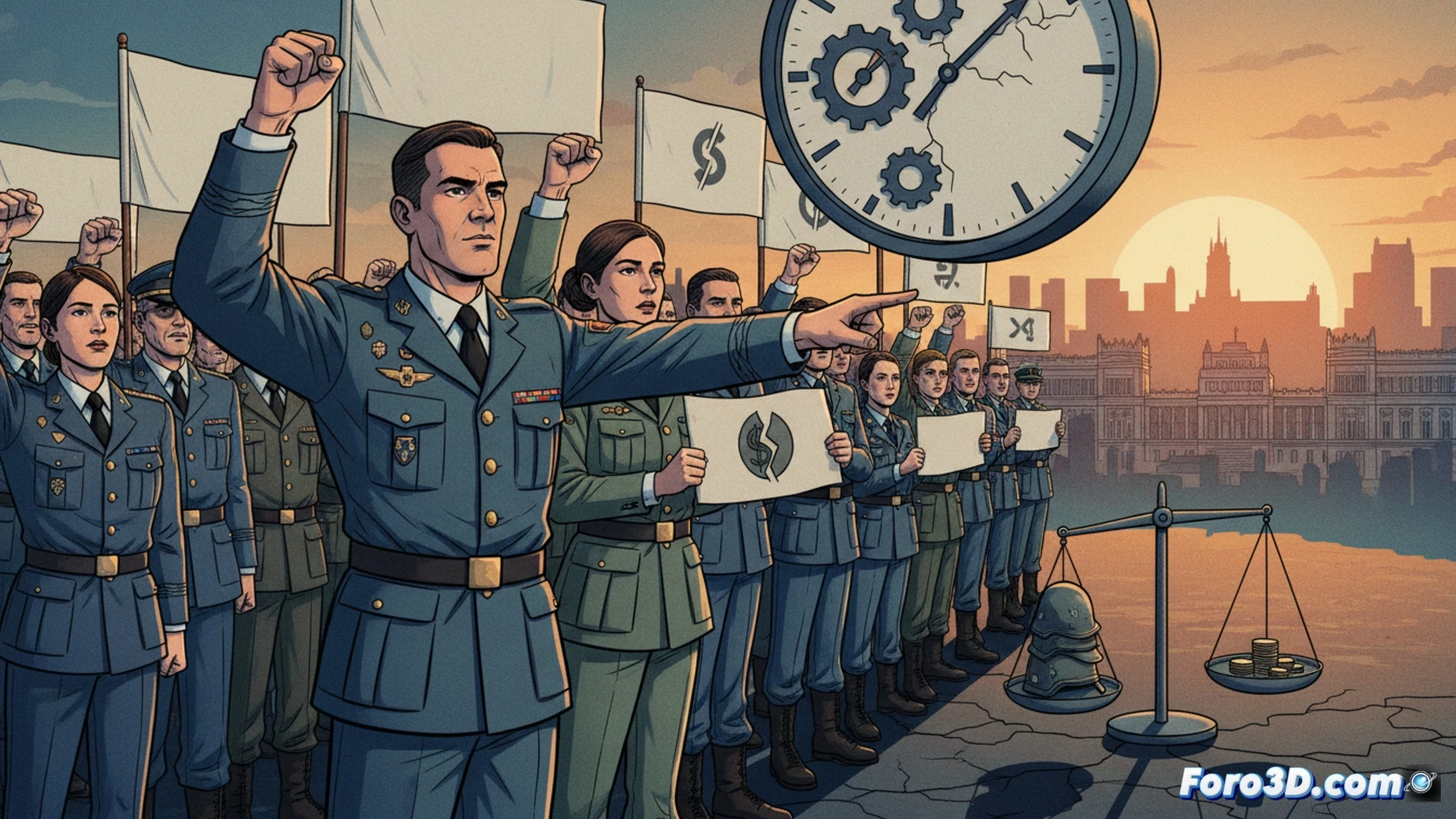 soldier in olive uniform standing at attention in front of a digital time clock showing 24-hour shift elapsed, empty coffee cups and folded uniform on a metal desk in background, shadow of a military base barrack across the room, photorealistic technical illustration, cold fluorescent lighting, long exposure effect on clock numbers creating slight motion blur, worn boots and dog tags visible, tension in posture while hand rests on unmarked pay slip, dramatic contrast between sterile environment and human exhaustion, ultra-detailed fabric textures, cinematic composition