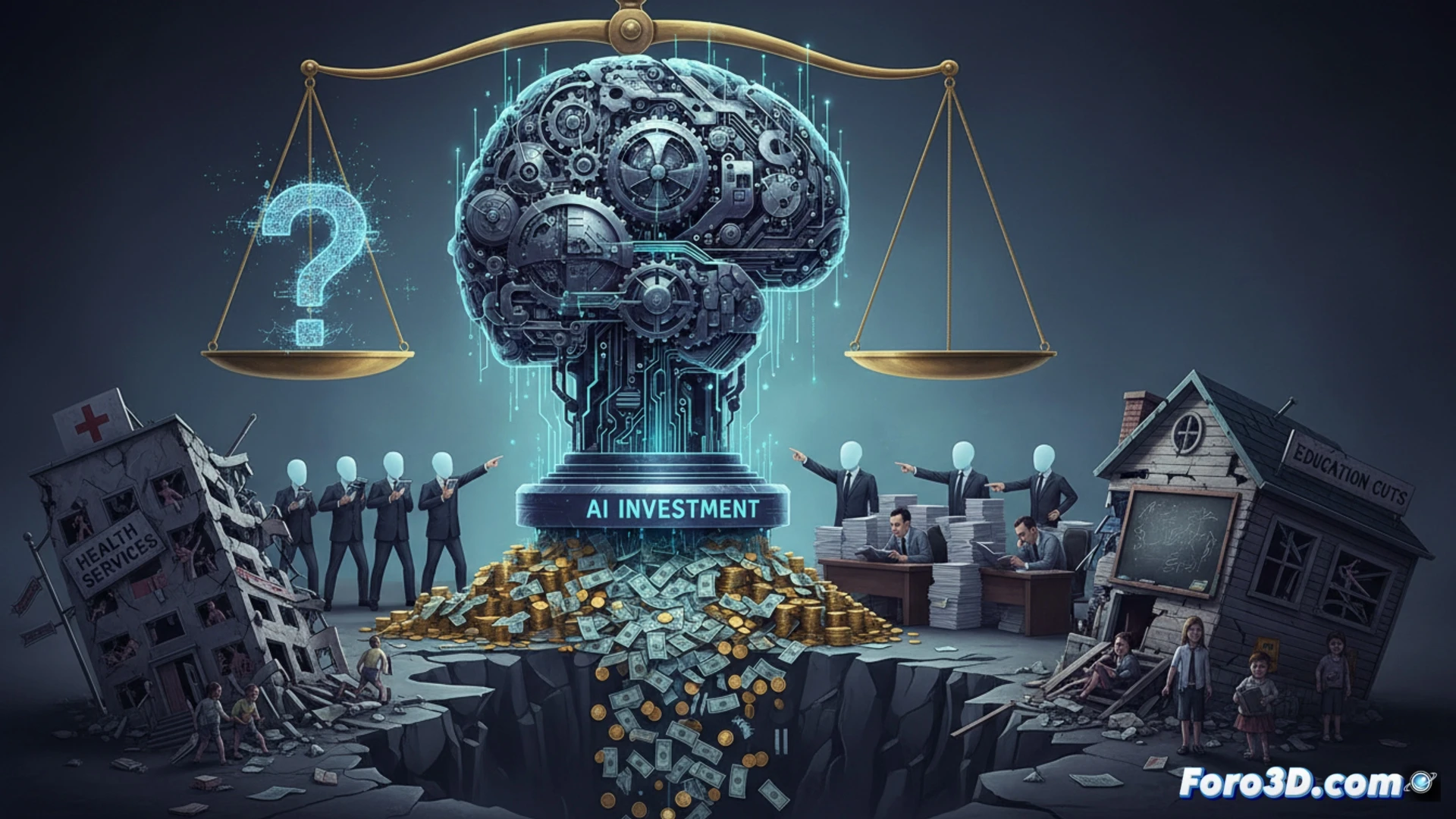corporate boardroom split scene, left side: executives throwing stacks of cash into a glowing AI server rack with spinning hard drives and pulsing fiber optic cables, no output visible, right side: a school classroom with broken desks and a hospital corridor with empty medicine cabinets, janitor mopping flooded floor while a teacher uses chalk on a cracked blackboard, cinematic wide-angle shot, cold fluorescent lighting contrasting warm natural light, dust particles floating, photorealistic architectural render, hyper-detailed textures, dramatic shadow play, ironic visual metaphor showing mismanagement