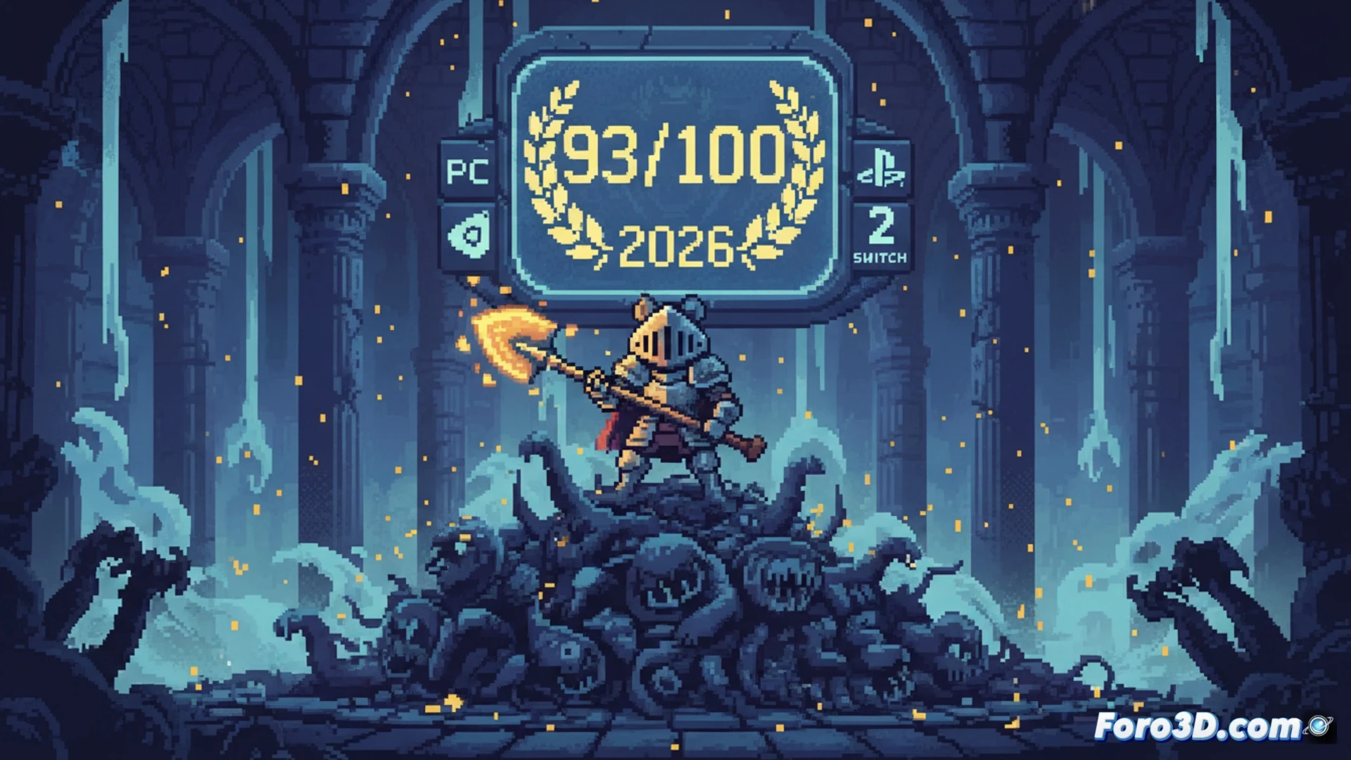 pixel-art action scene showing Mina the Hollower character leaping diagonally while striking a skeletal enemy with a glowing whip weapon, sparks flying from impact, crumbling gothic stone pillars in background, dark atmospheric dungeon with flickering torchlight, retro game interface elements like health bar and inventory grid visible at screen edges, 16-bit style pixel graphics with modern lighting effects, cinematic side-scrolling perspective, dramatic shadows and glowing particle effects, high-contrast color palette of deep blues and warm oranges, demonstrating challenging combat mechanics and precise timing, technical game engine visualization showing sprite layering and collision detection zones