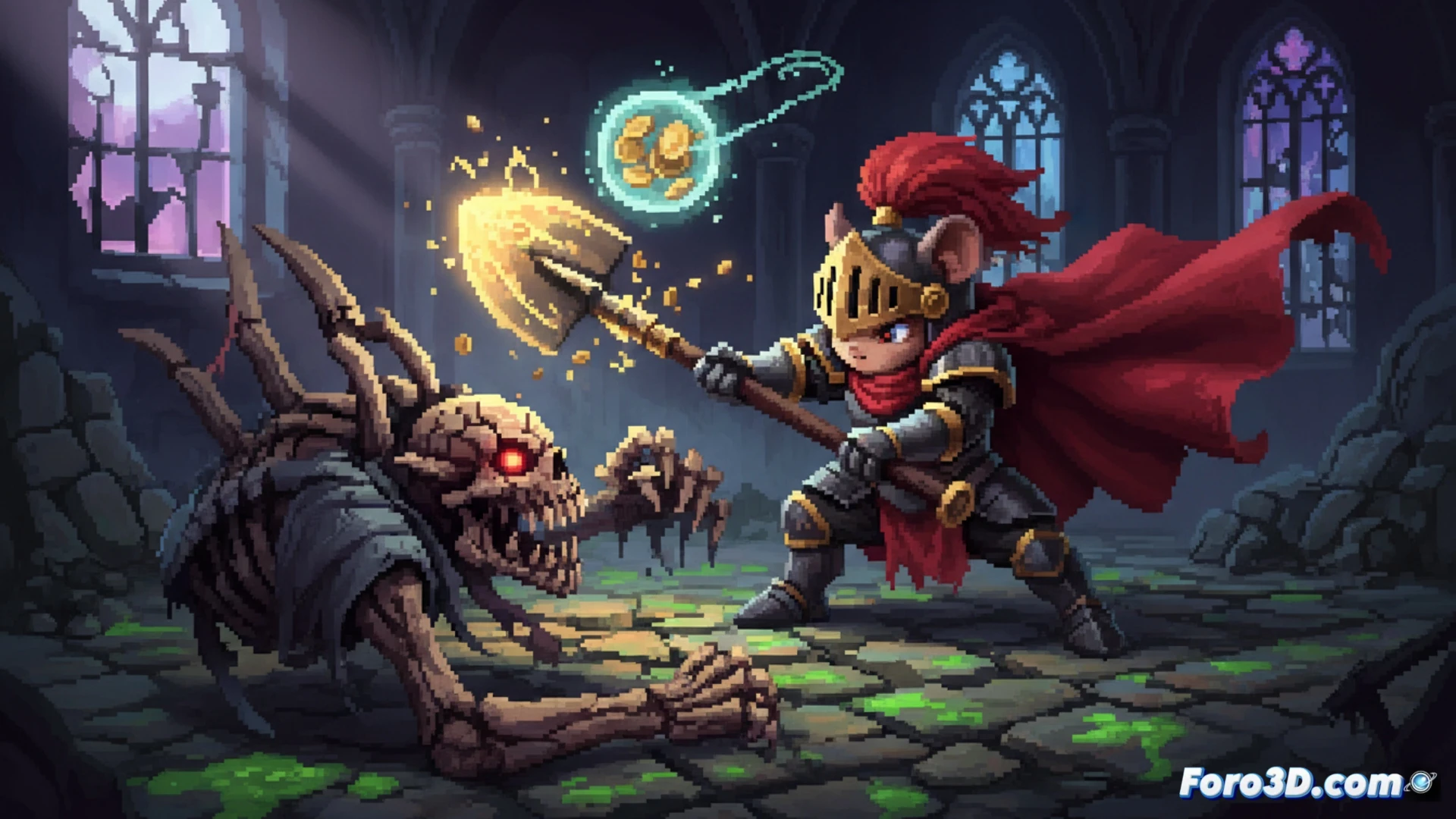 pixel-art 2D side-scrolling combat scene, Mina the Hollower striking a skeletal enemy with a whip-like weapon, health bar refilling as damage connects, glowing gold coins scattering from a defeated foe, dark gothic dungeon with Game Boy Color green-tinted palette, retro pixel grid visible, modern dynamic lighting effects casting dramatic shadows, bloodborne-inspired aggressive pose, soulslike risk-reward tension, action moment mid-swing, technical demonstration of combat mechanics, cinematic retro-modern fusion style, ultra-detailed sprite work, atmospheric fog, pixel-perfect animation frames