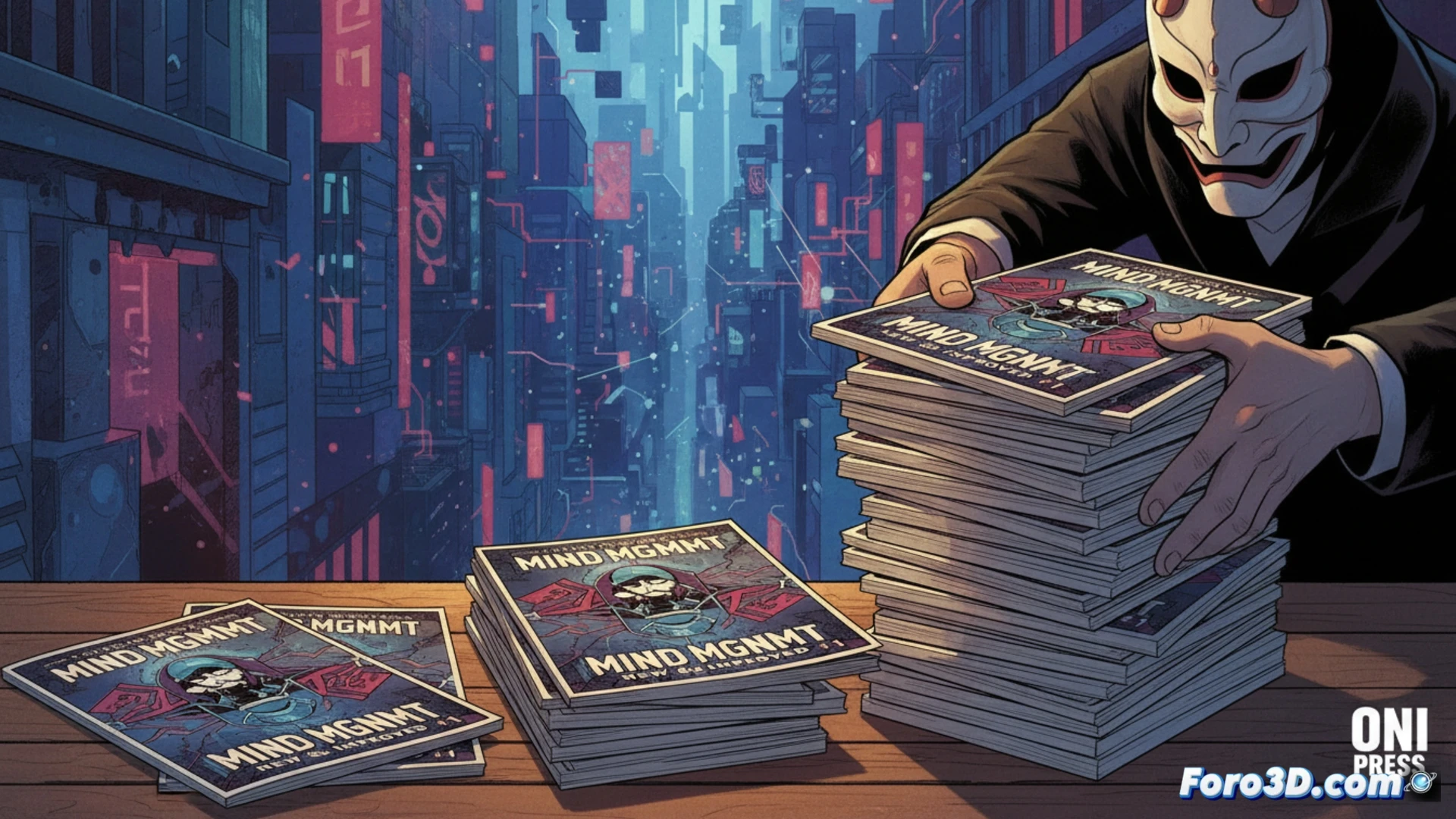 comic book printing press in action during a sold-out reprint, stacked MIND MGMT issues being lifted by robotic arms, fresh ink rollers applying vibrant cyan and magenta to glossy paper, conveyor belt moving bundles toward shrink-wrap station, industrial factory lighting casting shadows on metallic machinery, cinematic engineering visualization, photorealistic technical illustration, paper dust particles floating in bright beams, ultra-detailed mechanical components, dramatic industrial atmosphere