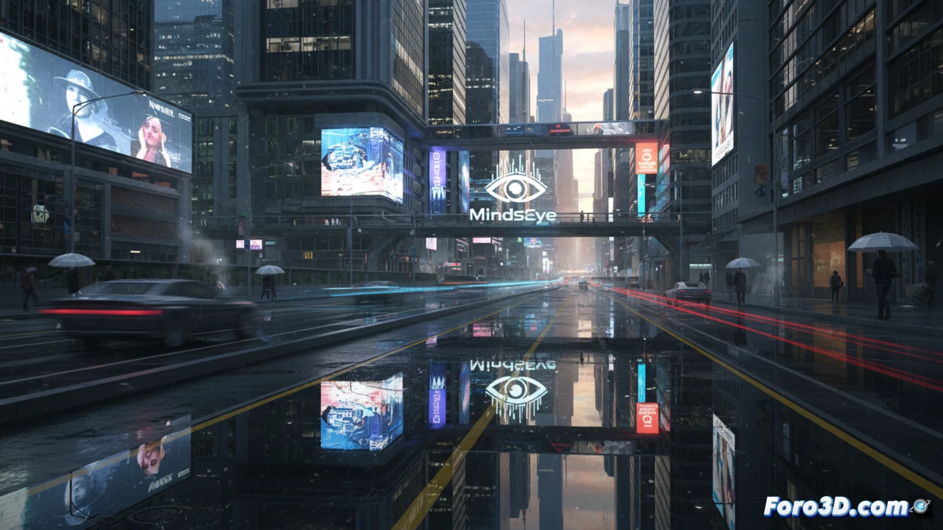 Entorno urbano fotorrealista en MindsEye con Unreal Engine 5, reflejos y vehículos detallados bajo iluminación Arcadia
