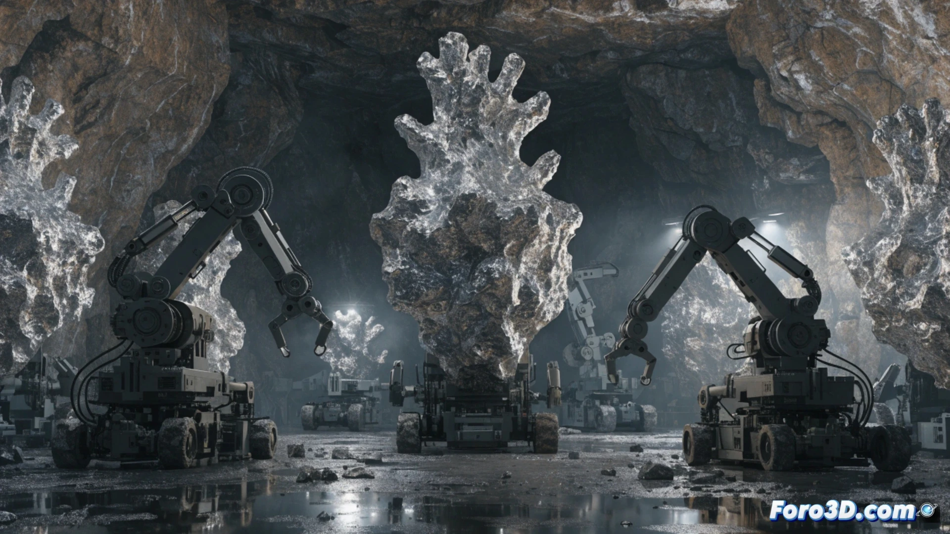Un ingeniero sostiene una réplica 3D detallada de una veta mineral, con capas y túneles visibles, frente a una pantalla con modelos digitales de excavación.