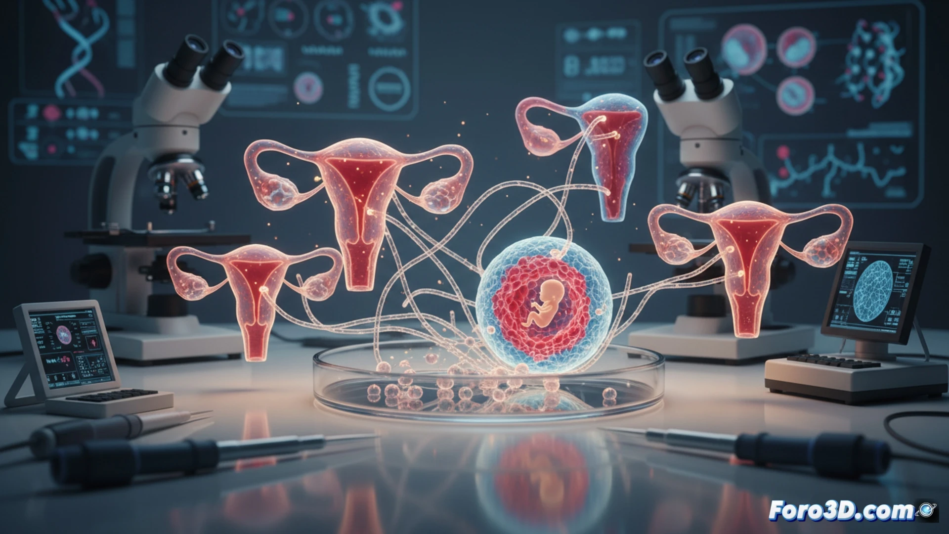 Organoide 3D brillante en gel translúcido, con células rojas y azules, simbolizando avance en fertilidad asistida.