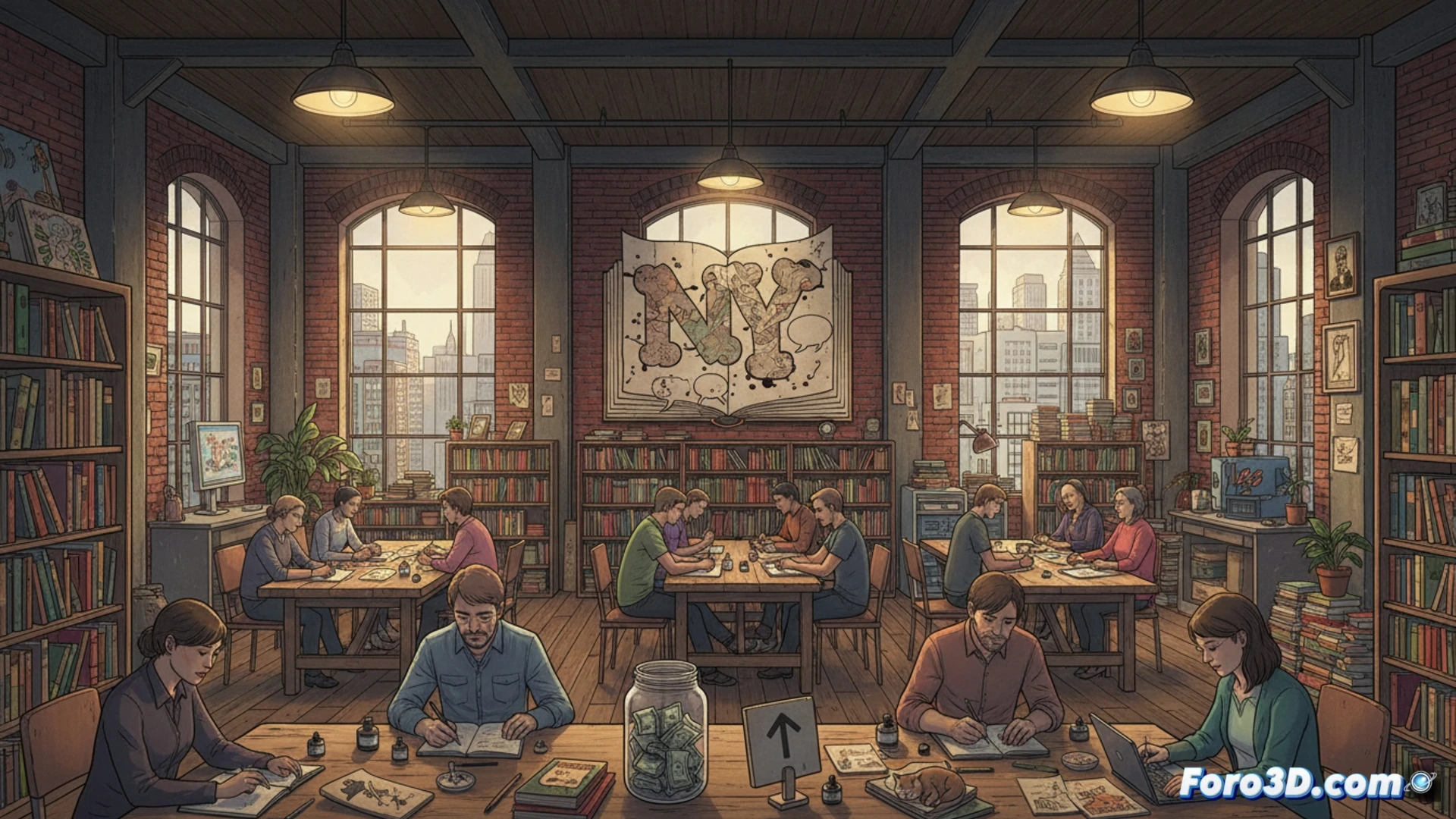crowded New York comic studio interior, multiple cartoonists drawing at shared wooden tables, stacks of zines and graphic novels on shelves, a laptop displaying a GoFundMe page with progress bar, a person scanning a handmade comic into a digital archive station, bright overhead lights illuminating a collaborative workspace, posters of superhero and manga characters on brick walls, cinematic photorealistic style, warm amber and cool blue lighting contrast, detailed ink pens and drawing tablets on desks, motion blur of hands flipping through pages, community energy visible in the scene