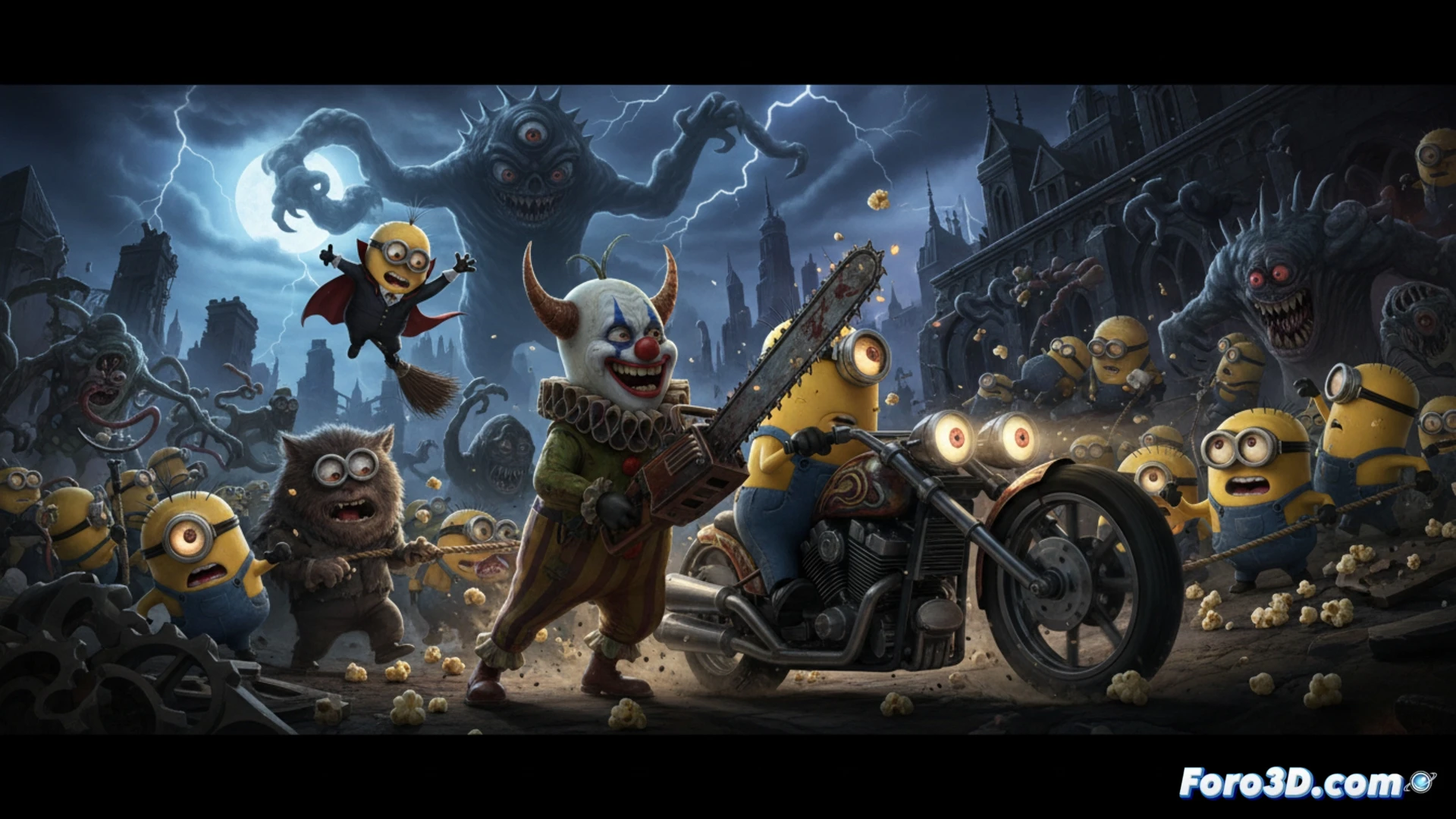 Minions amarillos huyen de un payaso con motosierra bajo cielos tormentosos, caos y comedia absurda.