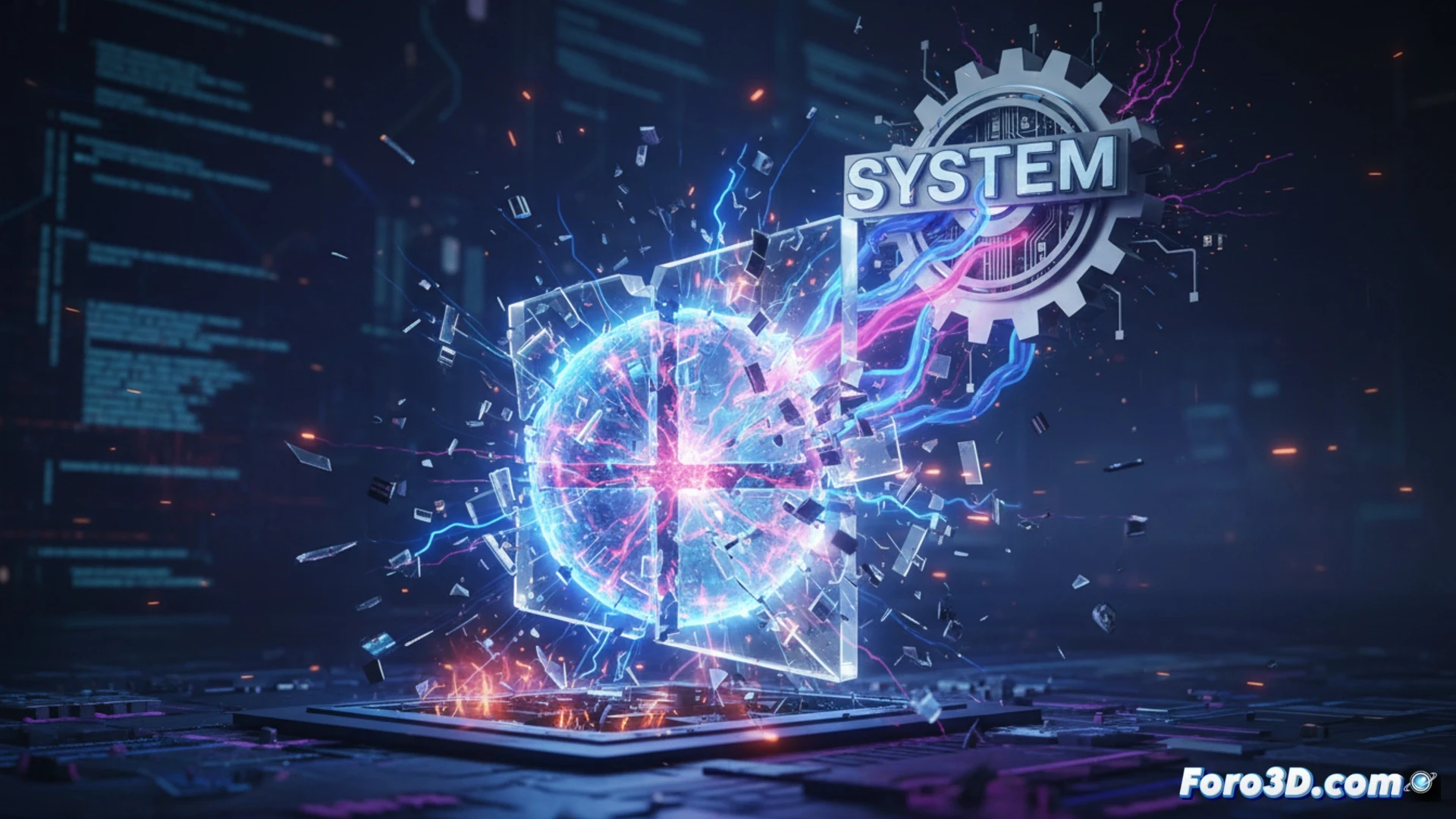 Windows 11 system privilege escalation exploit demonstration, command prompt window transforming from limited user to SYSTEM rights, blue error screen warning, file system driver cldflt.sys being loaded into memory, process tree showing malicious execution chain, dark technical interface with glowing green code lines, cinematic cybersecurity visualization, dramatic red alert highlights, motherboard circuitry in background, photorealistic technical illustration