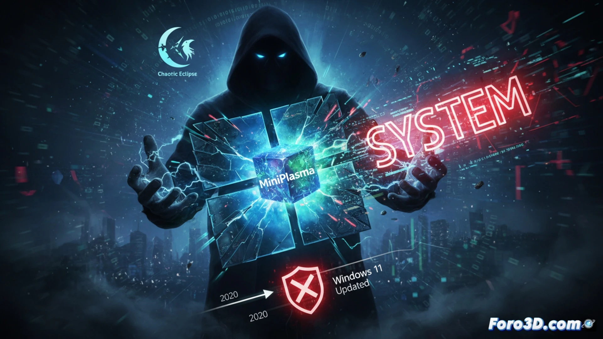 Windows 11 desktop screen showing command prompt window executing MiniPlasma exploit, green text scrolling rapidly while system privilege escalation process is demonstrated, SYSTEM token being extracted from kernel memory, glowing red alert icon indicating zero-day vulnerability active, metallic laptop chassis with cooling vents, motherboard components visible through translucent case, cyberpunk technical illustration style, dramatic blue and red lighting, photorealistic hardware details, code lines morphing into digital chains breaking apart