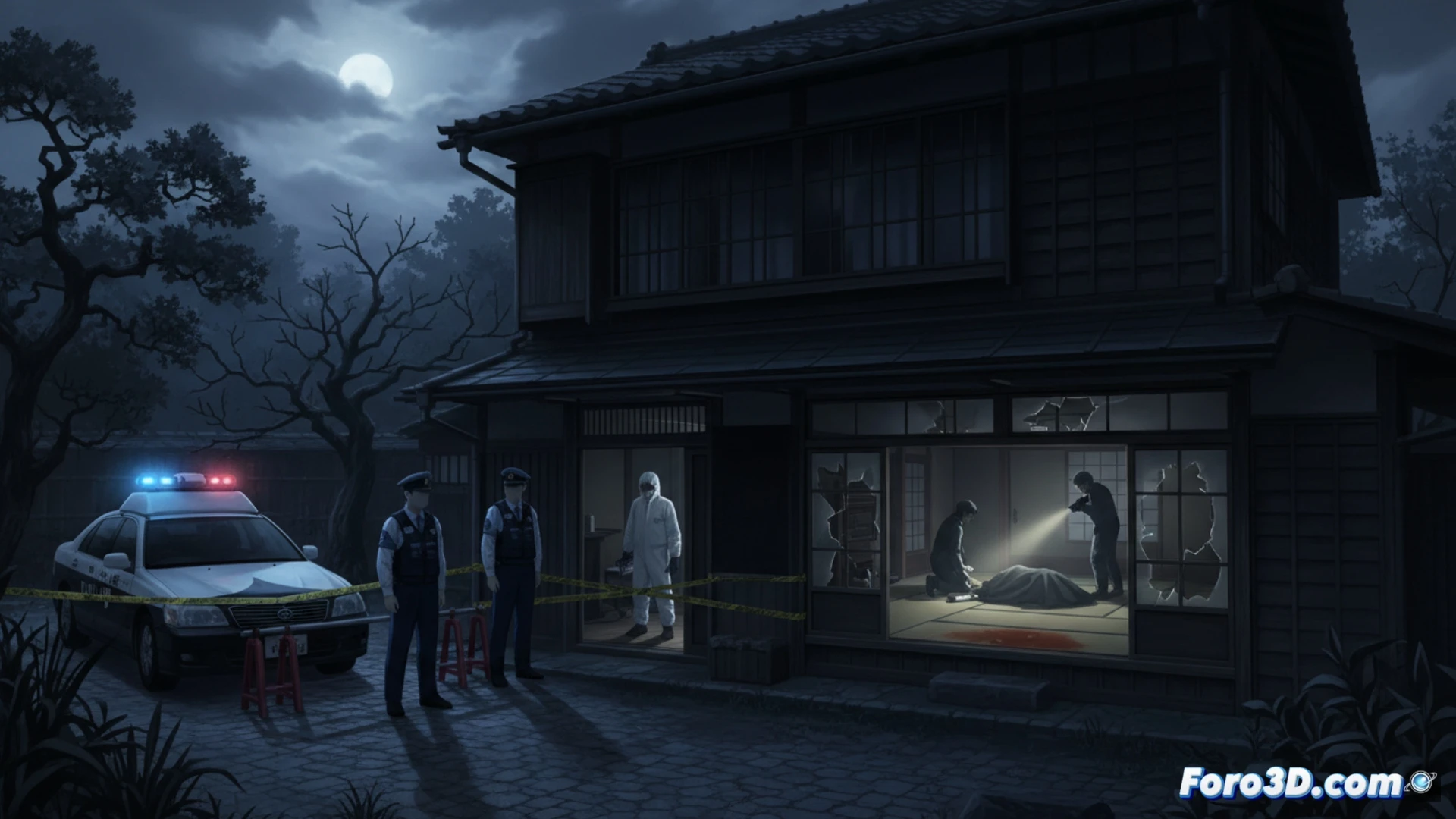 photorealistic crime scene investigation, police forensic team inside a dimly lit Japanese home, two female bodies on tatami floor with visible stab wounds, detective examining a missing knife block on kitchen counter, colleague using UV light to scan for blood traces on a ceramic sink, evidence markers placed near a sliding door, no visible weapon, neighbors silhouette through frosted window, cinematic lighting with blue and amber tones, technical forensic visualization, ultra-detailed textures of wood flooring and fabric, dramatic shadows, photorealistic render