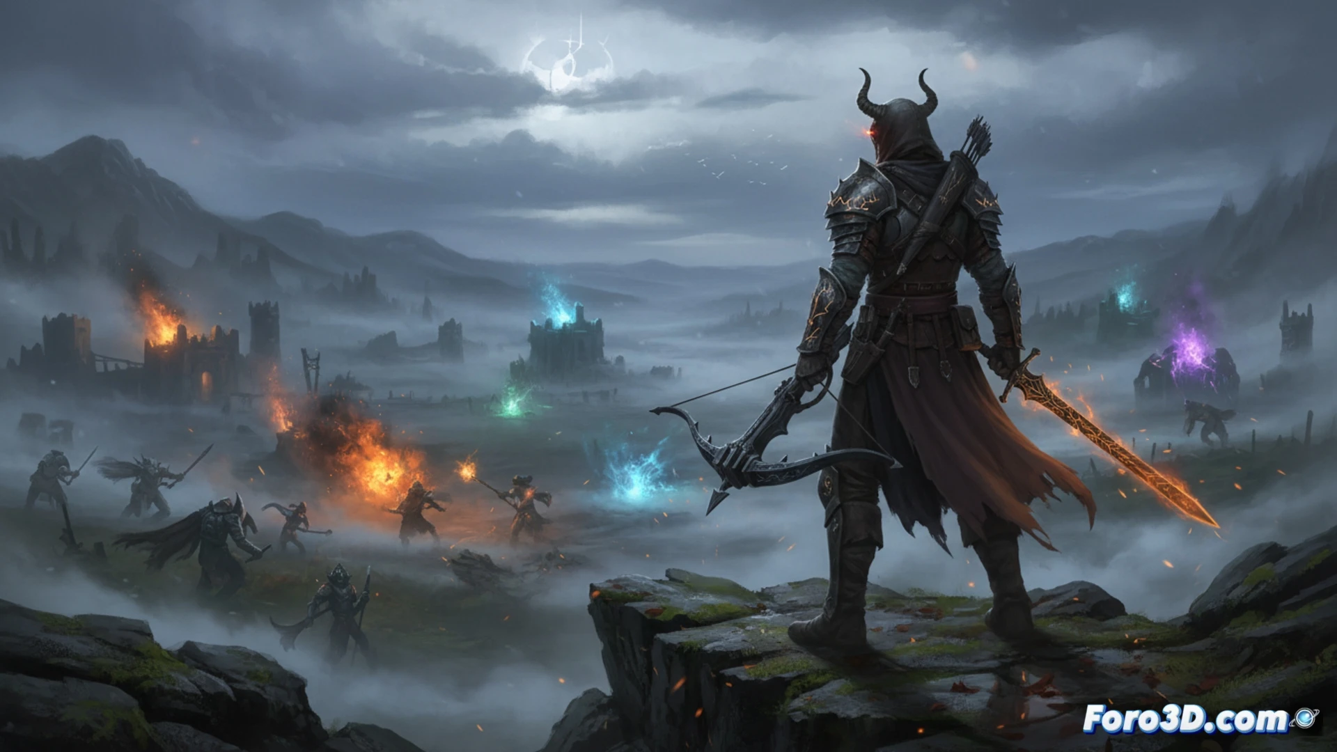 Mistfall Hunter, oscuro bosque con niebla, guerrero con armadura y espada, iluminación dinámica de Unreal Engine 5.4