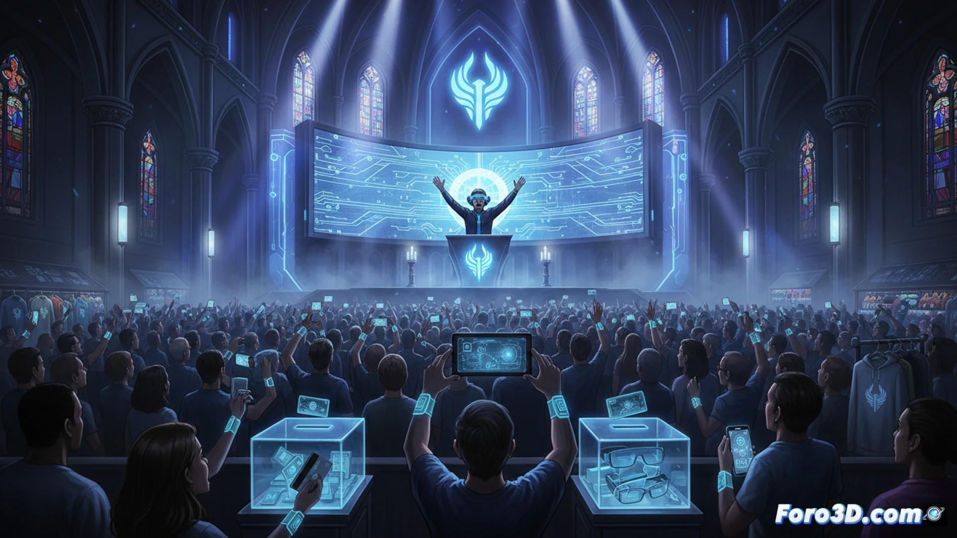 crowd of silhouetted figures raising smartphones like votive candles, a lone speaker on a minimalist stage gesturing toward a glowing holographic interface, stage lights casting dramatic beams through digital smoke, audience faces illuminated by blue screen glow, hands typing fervently on laptops and tablets, a central altar-like podium with a microchip embedded in its surface, cables snaking like ritual cords, cinematic photorealistic style, wide-angle shot capturing the collective upward gaze, metallic reflections on devices, atmospheric haze, high-contrast lighting, technical detail visible in circuitry and stage rigging