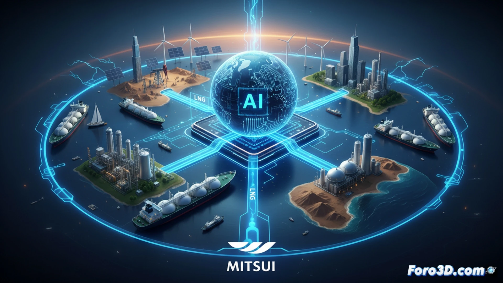 Aerial view of a massive LNG carrier docked at a futuristic port, thick white vapor rising from cryogenic pipes while a glowing data center complex looms in the background, high-voltage power lines connecting the facility, engineers in hard hats monitoring control panels with holographic AI circuit diagrams floating above, hyper-detailed industrial landscape, night scene with blue and orange lighting, steam condensing in cold air, photorealistic engineering visualization