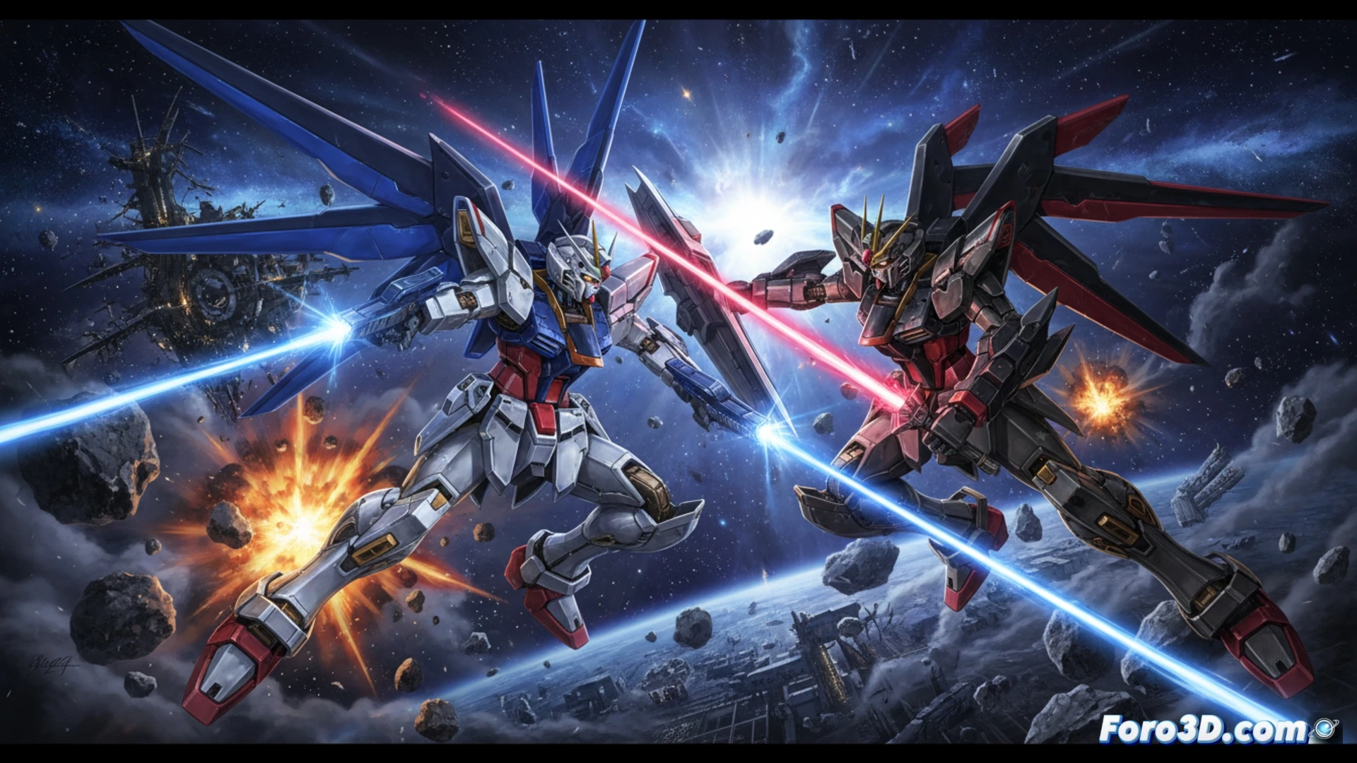 DESCRIPCIÓN: Mitsuo Fukuda ante pantallas de Gundam SEED y Cyber Formula, con trajes móviles en batalla y estelas de luz dramáticas.