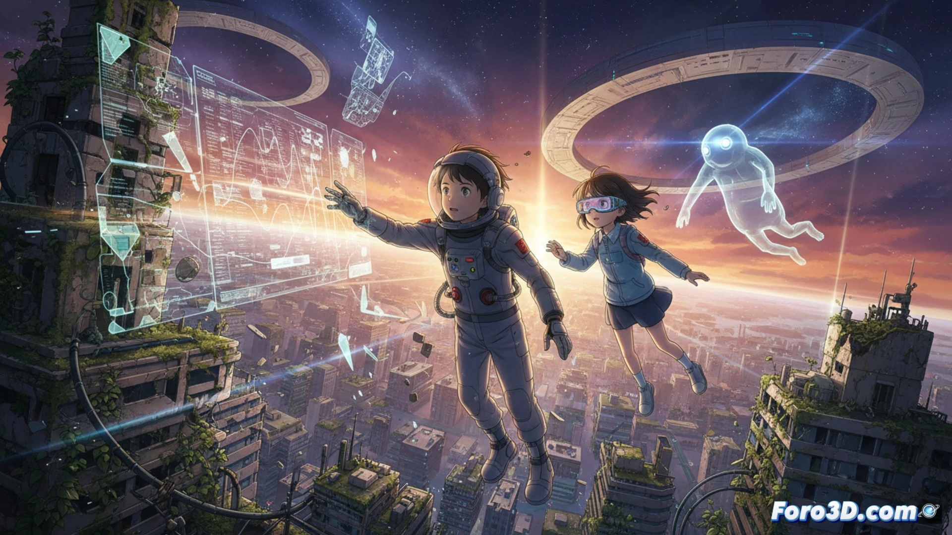 Una escena de animación detallada muestra un robot de Dennou Coil flotando en un hangar futurista; sus movimientos reflejan inercia realista, con sombras nítidas y luces de realidad aumentada. Al fondo, storyboards de Evangelion y Ghost in the Shell evocan el rigor técnico de Mitsuo Iso.