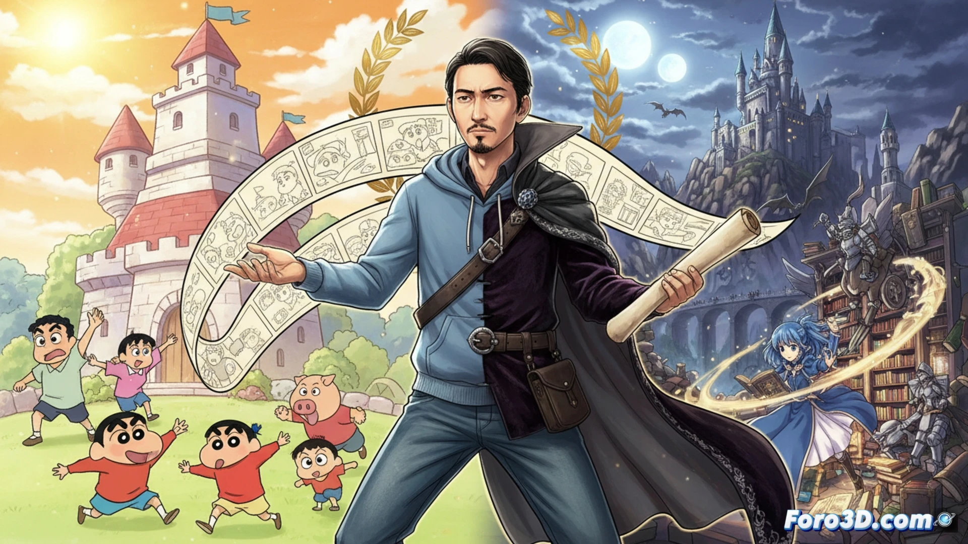 Mitsuru Hongo sonríe con un crayón en una mano y un libro antiguo en la otra, rodeado de Shin-chan y un castillo flotante.