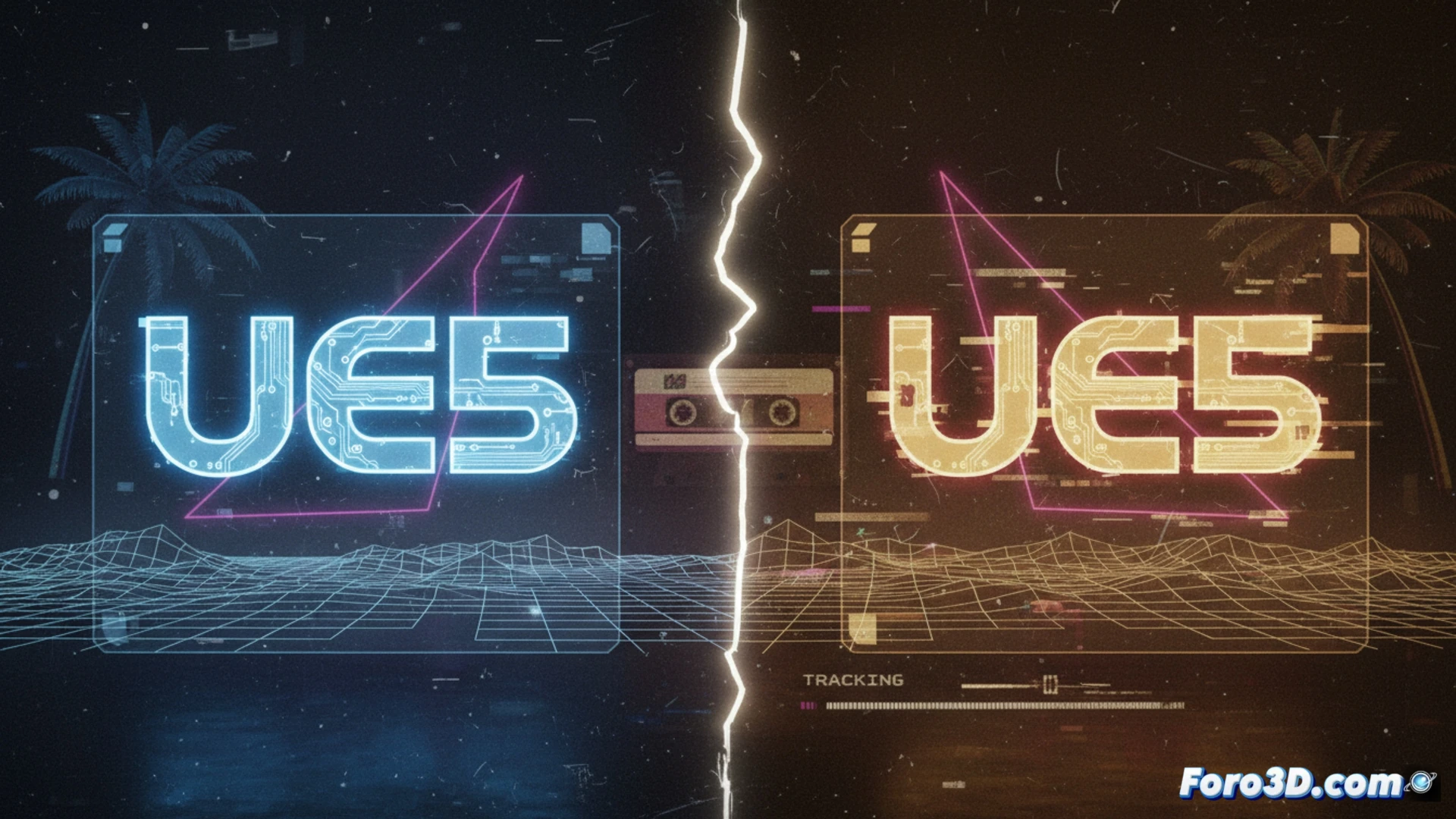 Escena nocturna retro con neones y grano VHS en Unreal Engine 5