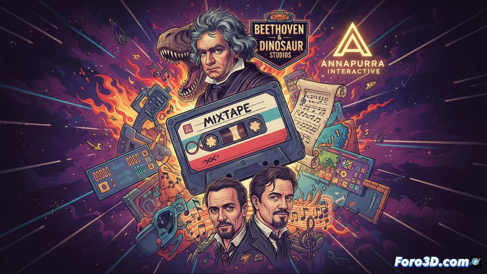 Descripción detallada de la imagen: Una cinta de cassette retro con la etiqueta 'Mixtape' brilla en fucsia y azul neón, rodeada de iconos musicales flotantes como notas y un walkman. Al fondo, una consola de videojuegos vintage y un cartel de 'Licencia Perpetua' en letras doradas, con sombras de los artistas Iggy Pop y The Smashing Pumpkins proyectadas sobre un paisaje nocturno de los años 90. La escena transmite nostalgia y protección legal, con un aura de celebración digital.