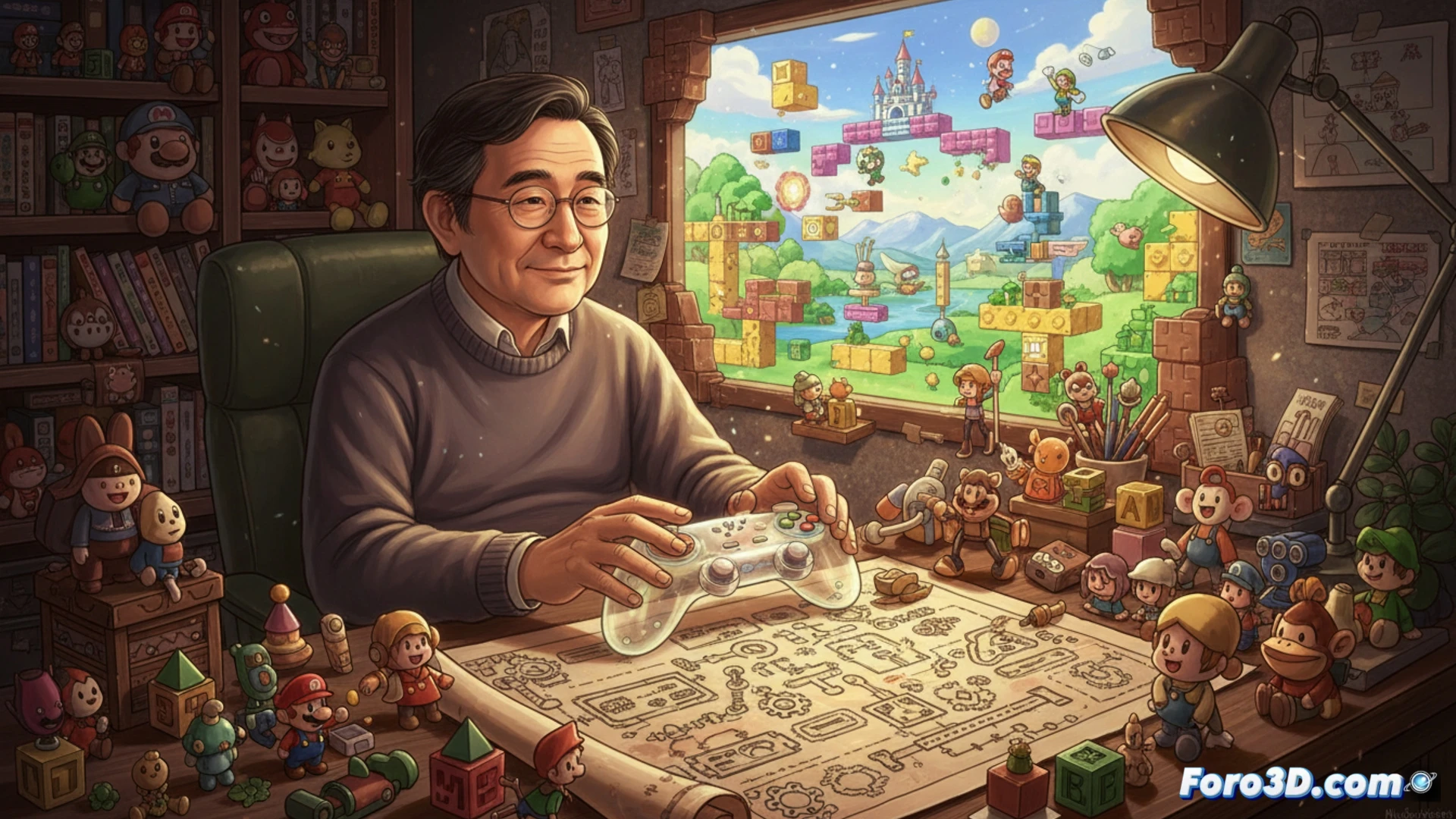 Shigeru Miyamoto, sonriente, sostiene un mando retro de Nintendo, rodeado de bocetos de juegos clásicos.