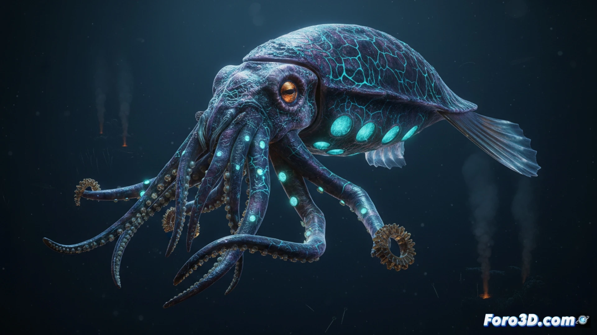 Modelo 3D del calamar abisal Mobydickia poseidonii, reconstrucción anatómica a partir de ADN y restos de tejido.