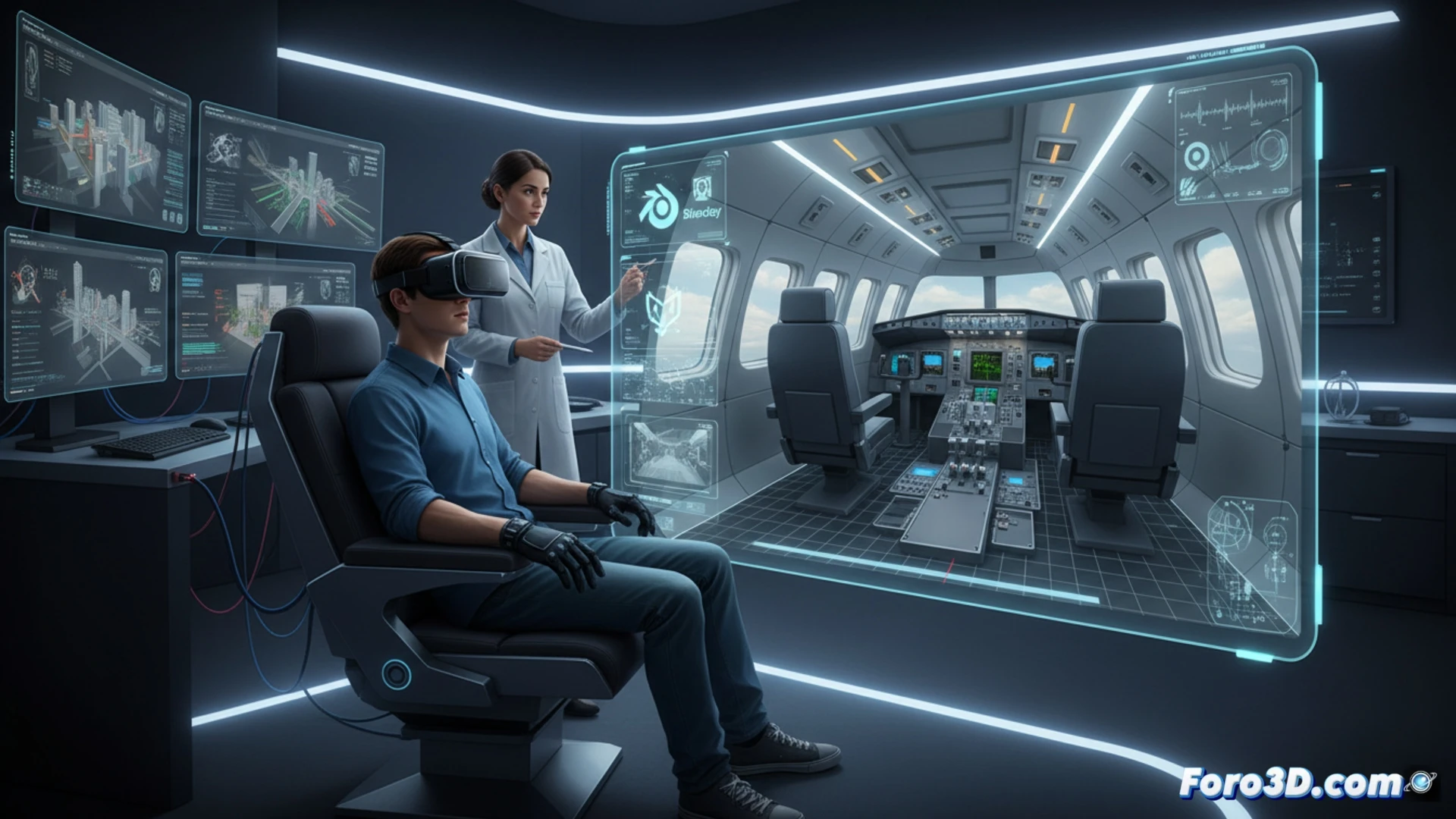 Descripción: Un paciente con gafas VR dentro de una cabina de avión 3D, mientras un psicólogo observa en una pantalla el modelo creado con Blender y Unity.
